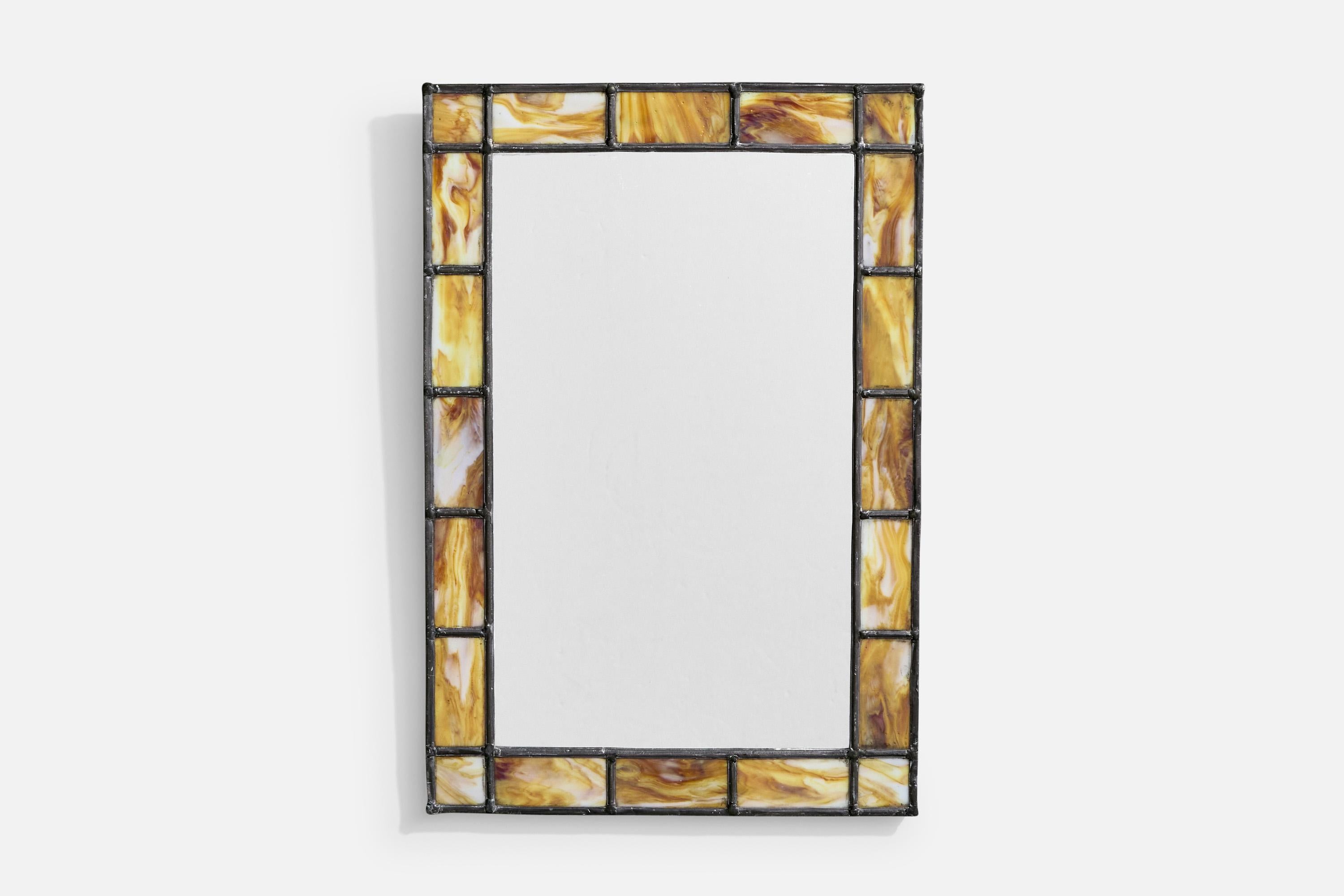 An alabaster-colored glass and metal wall mirror likely designed and produced in Sweden, c. 1960s.

Overall Dimensions (inches): 19.2