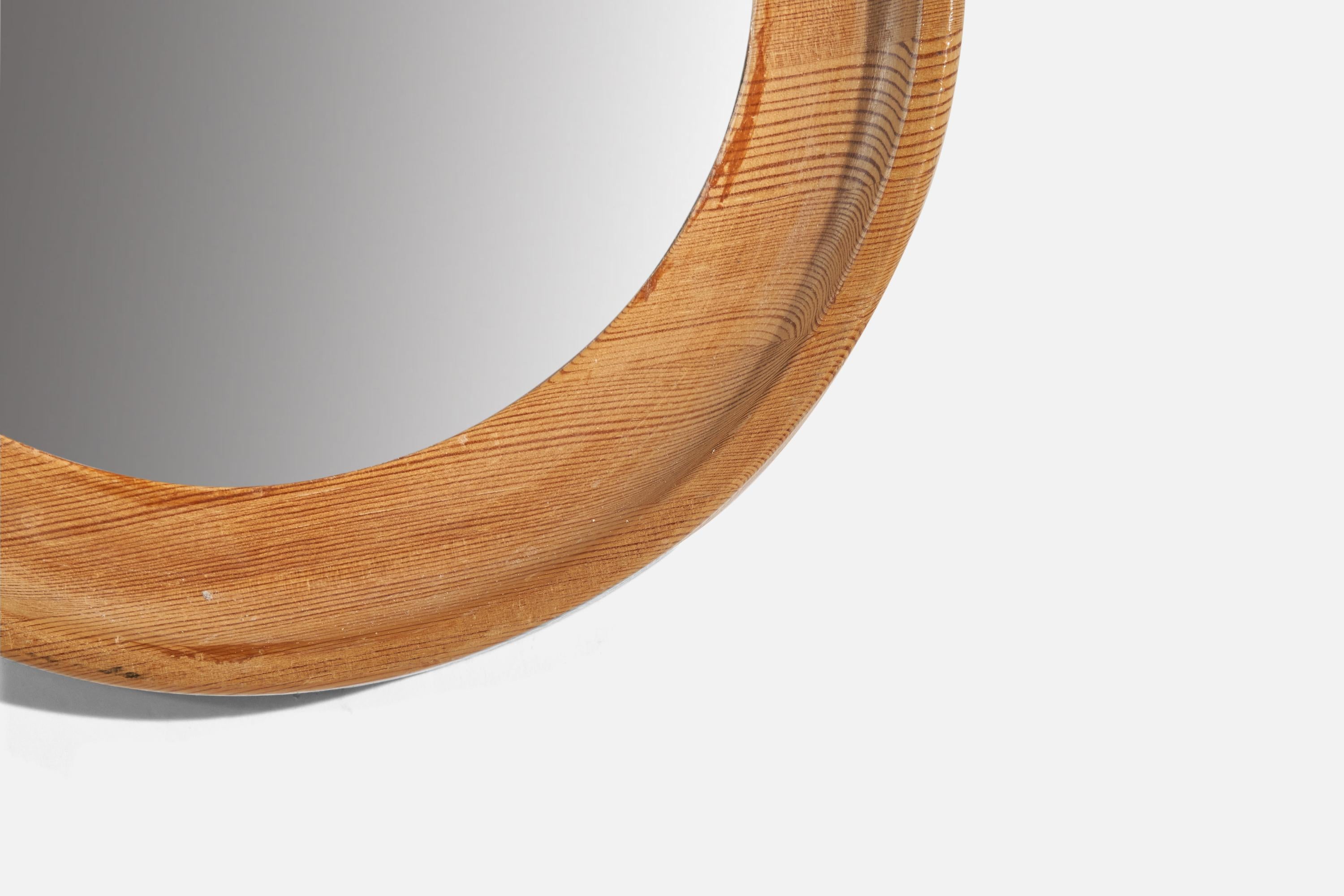 Mid-Century Modern Swedish Designer, Wall Mirror, Pine, Leather, Mirror Glass, Sweden, 1970s