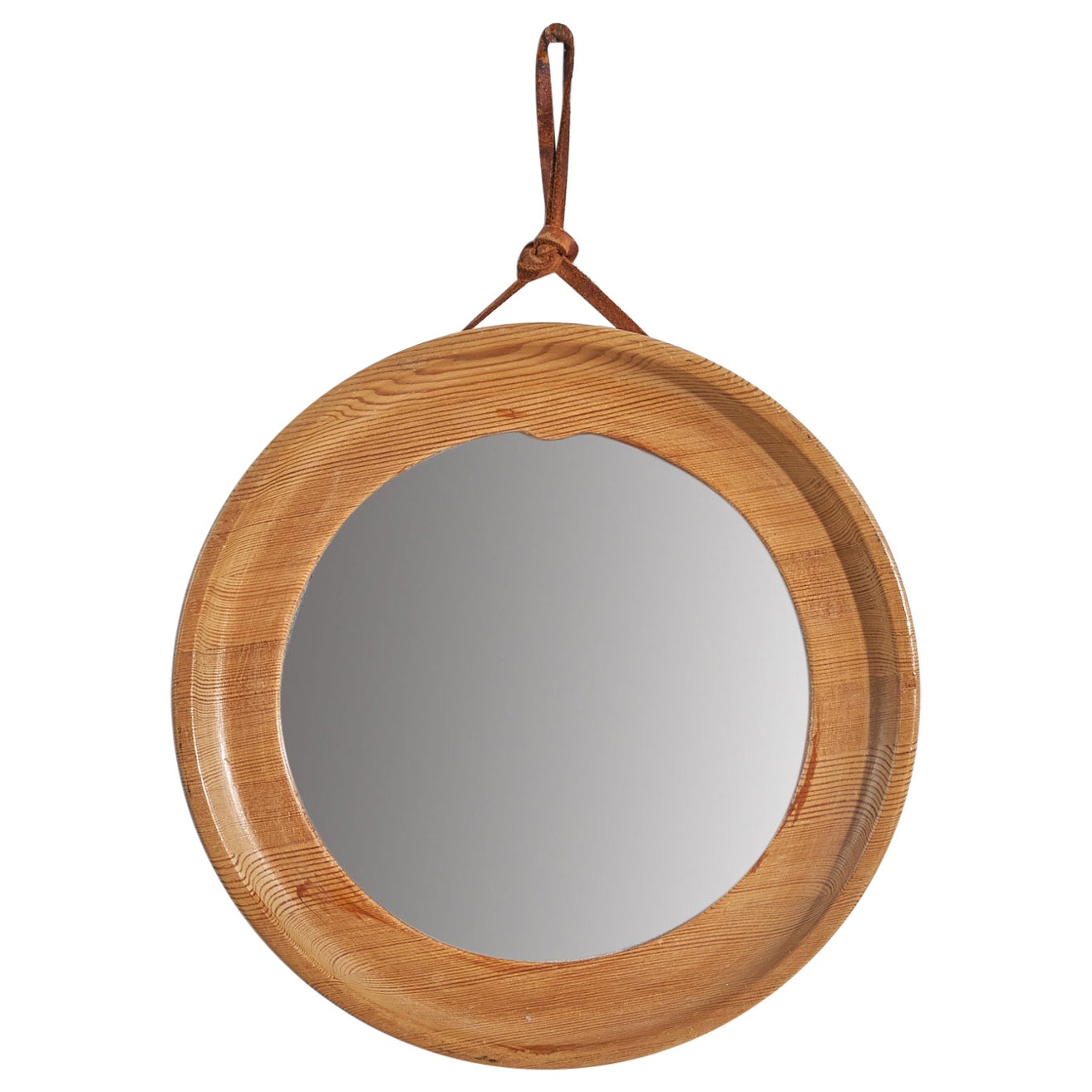 Schwedischer Designer, Wandspiegel, Kiefer, Leder, Spiegelglas, Schweden, 1970er Jahre