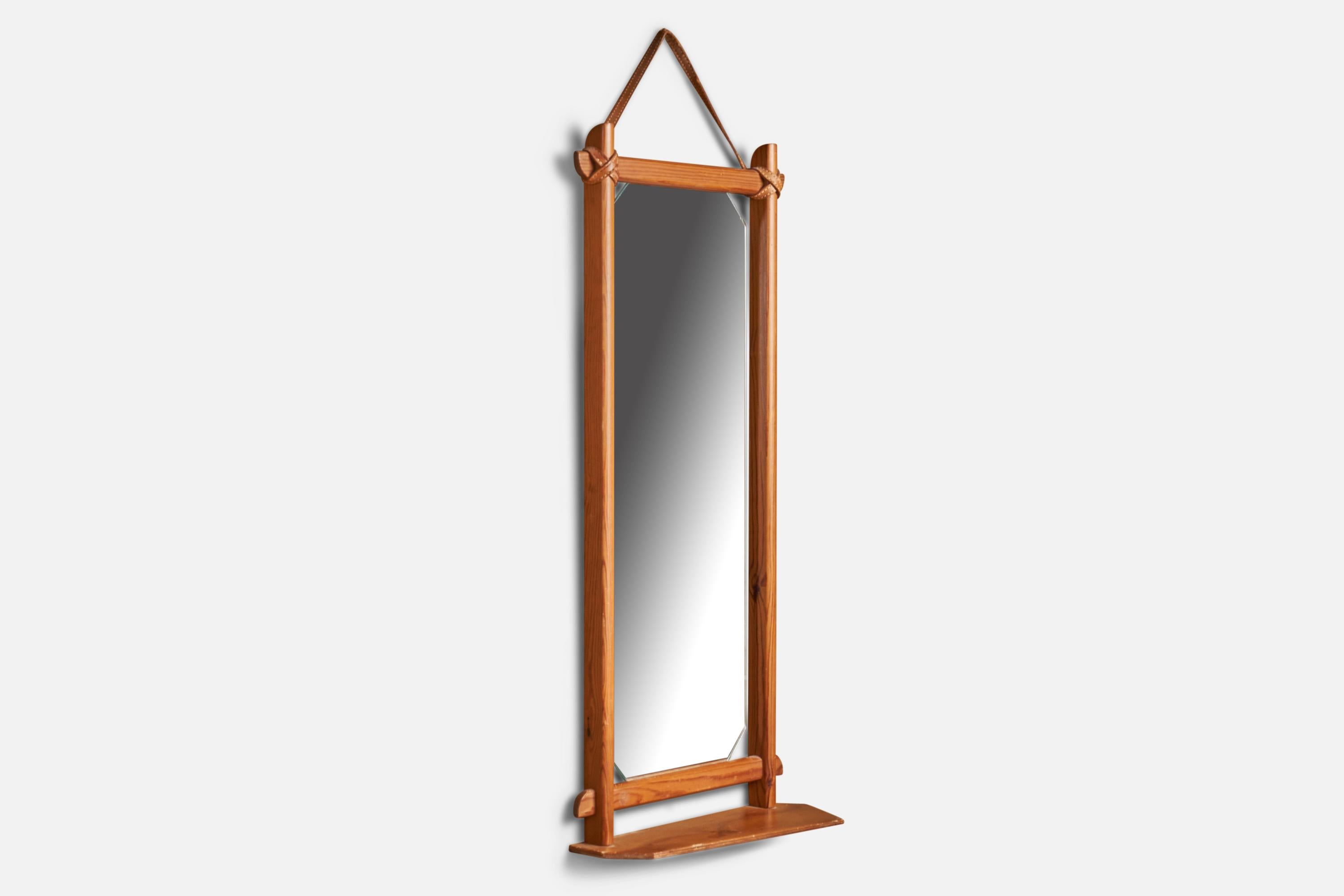 Mid-20th Century Swedish Designer, Wall Mirror, Pine, Leather, Sweden, 1960s For Sale