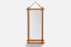 Swedish Designer, Wall Mirror, Pine, Leather, Sweden, 1960s
