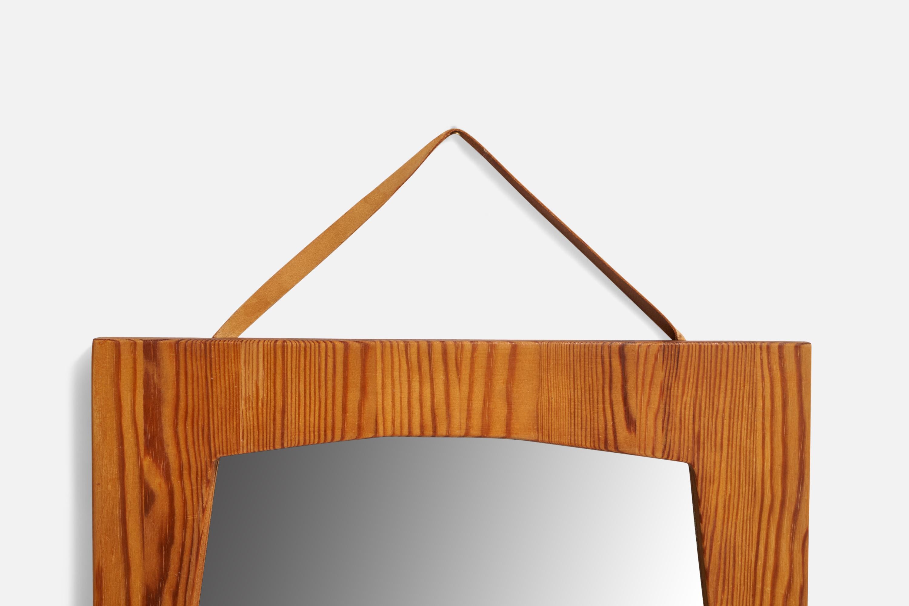 Swedish Designer, Wall Mirror, Pine, Leather, Sweden, 1970s In Good Condition For Sale In High Point, NC