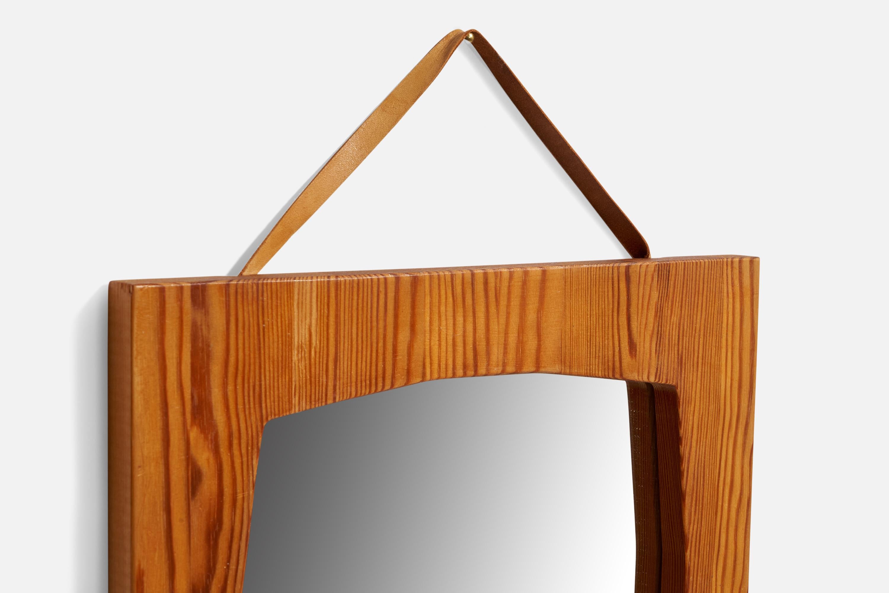 Late 20th Century Swedish Designer, Wall Mirror, Pine, Leather, Sweden, 1970s For Sale