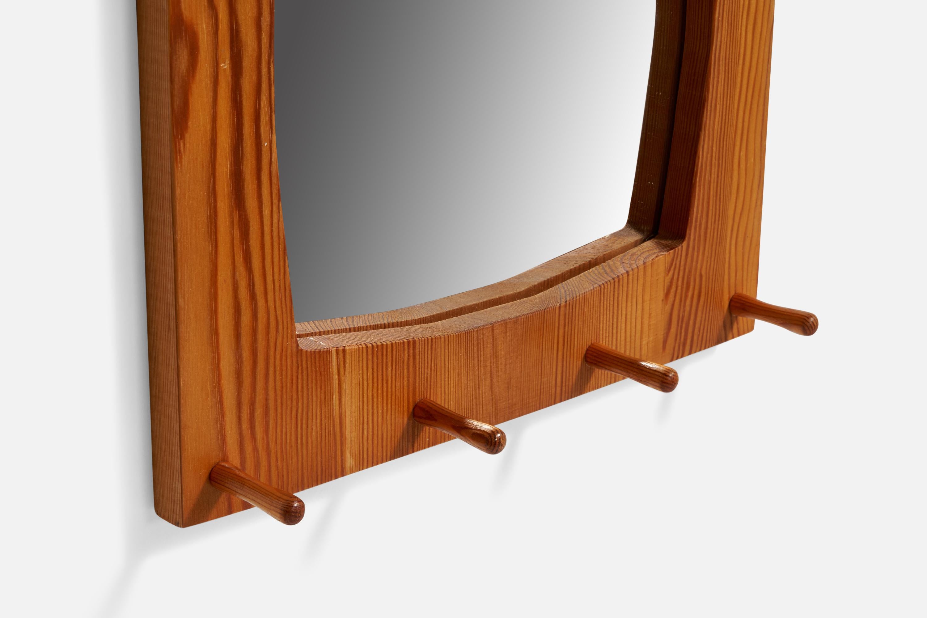Swedish Designer, Wall Mirror, Pine, Leather, Sweden, 1970s For Sale 1