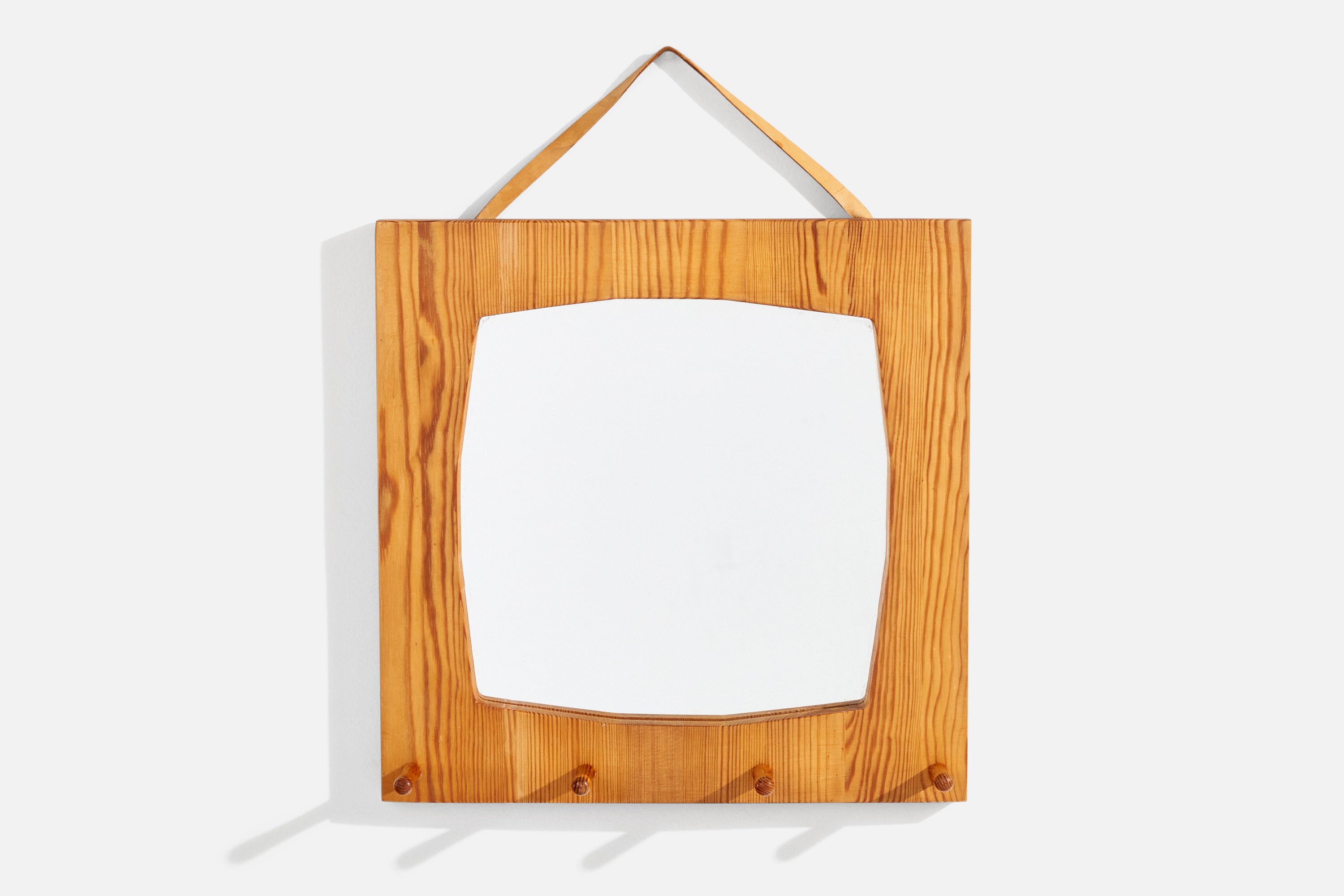 Swedish Designer, Wall Mirror, Pine, Leather, Sweden, 1970s