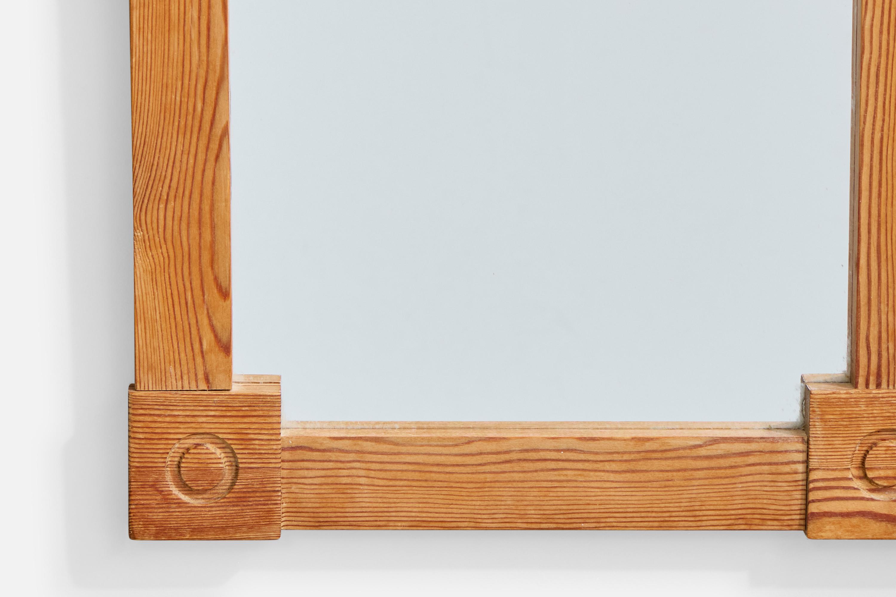 Glass Swedish Designer, Wall Mirror, Pine, Sweden, 1970s For Sale