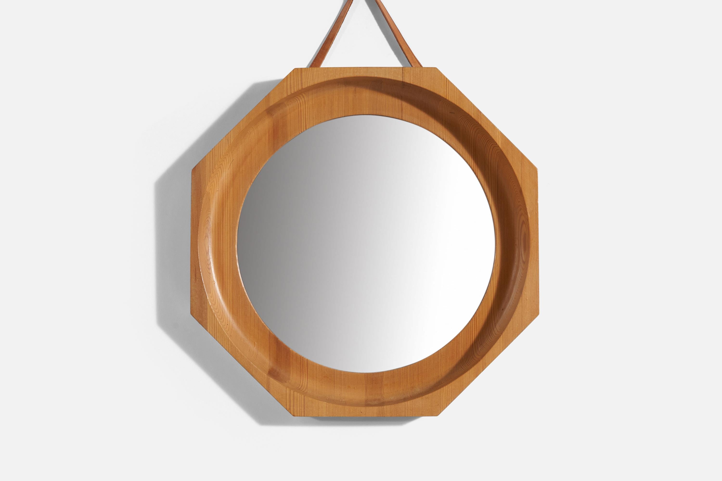 Mid-20th Century Swedish Designer, Wall Mirror, Pine Wood, Leather, Mirror, Sweden, 1940s For Sale
