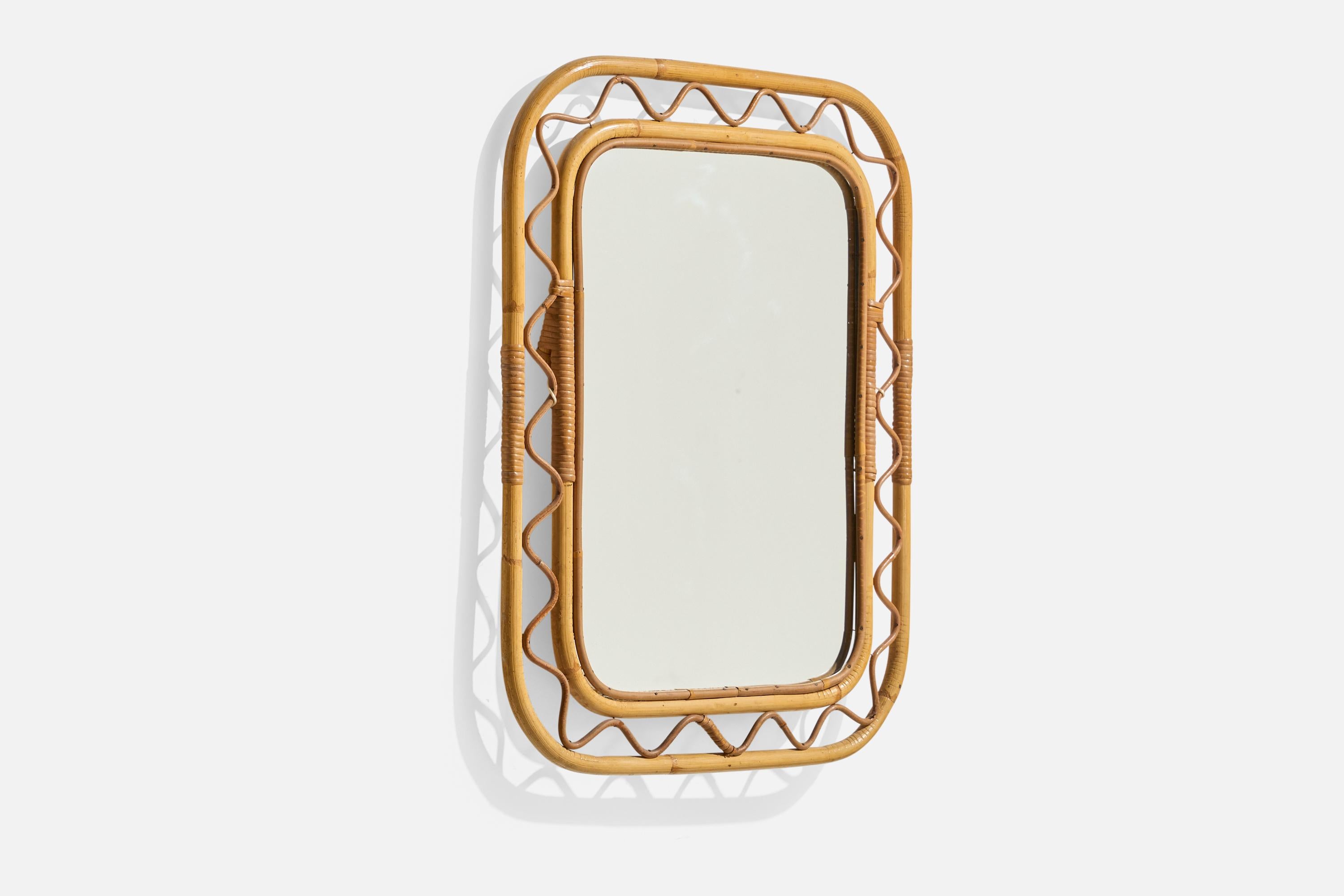 Mid-Century Modern Swedish Designer, Wall Mirror, Rattan, Bamboo, Mirror, Sweden, c. 1950s For Sale