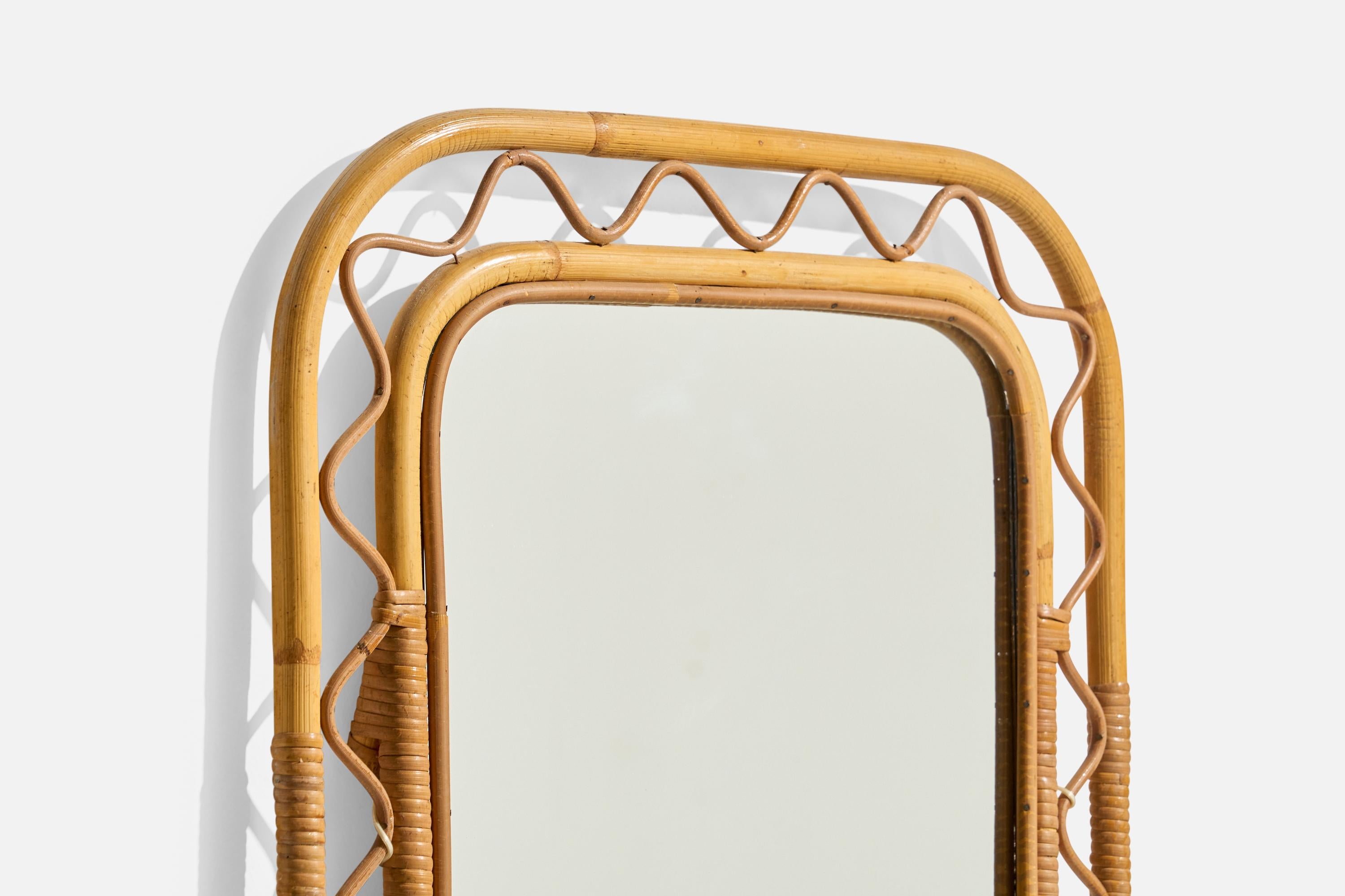 Swedish Designer, Wall Mirror, Rattan, Bamboo, Mirror, Sweden, c. 1950s In Good Condition For Sale In High Point, NC