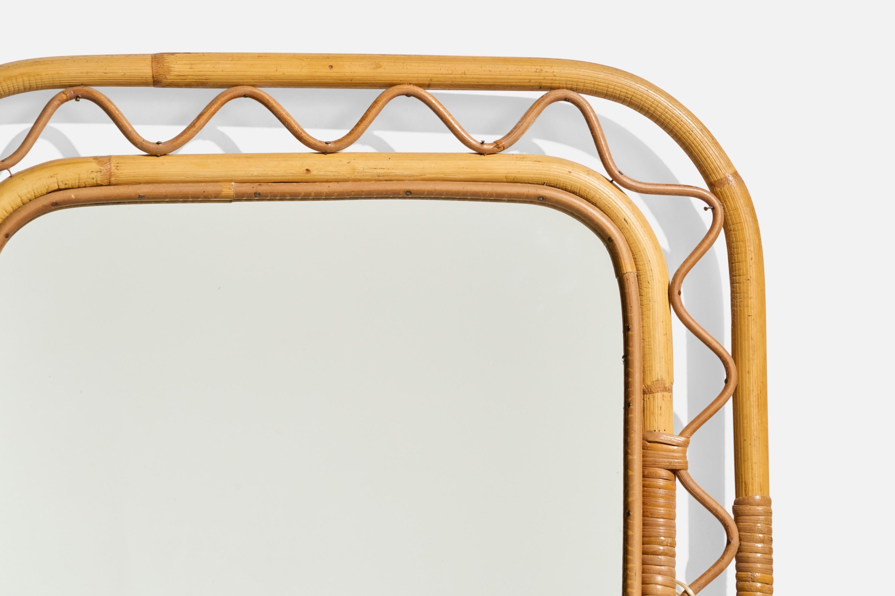 Mid-20th Century Swedish Designer, Wall Mirror, Rattan, Bamboo, Mirror, Sweden, c. 1950s For Sale