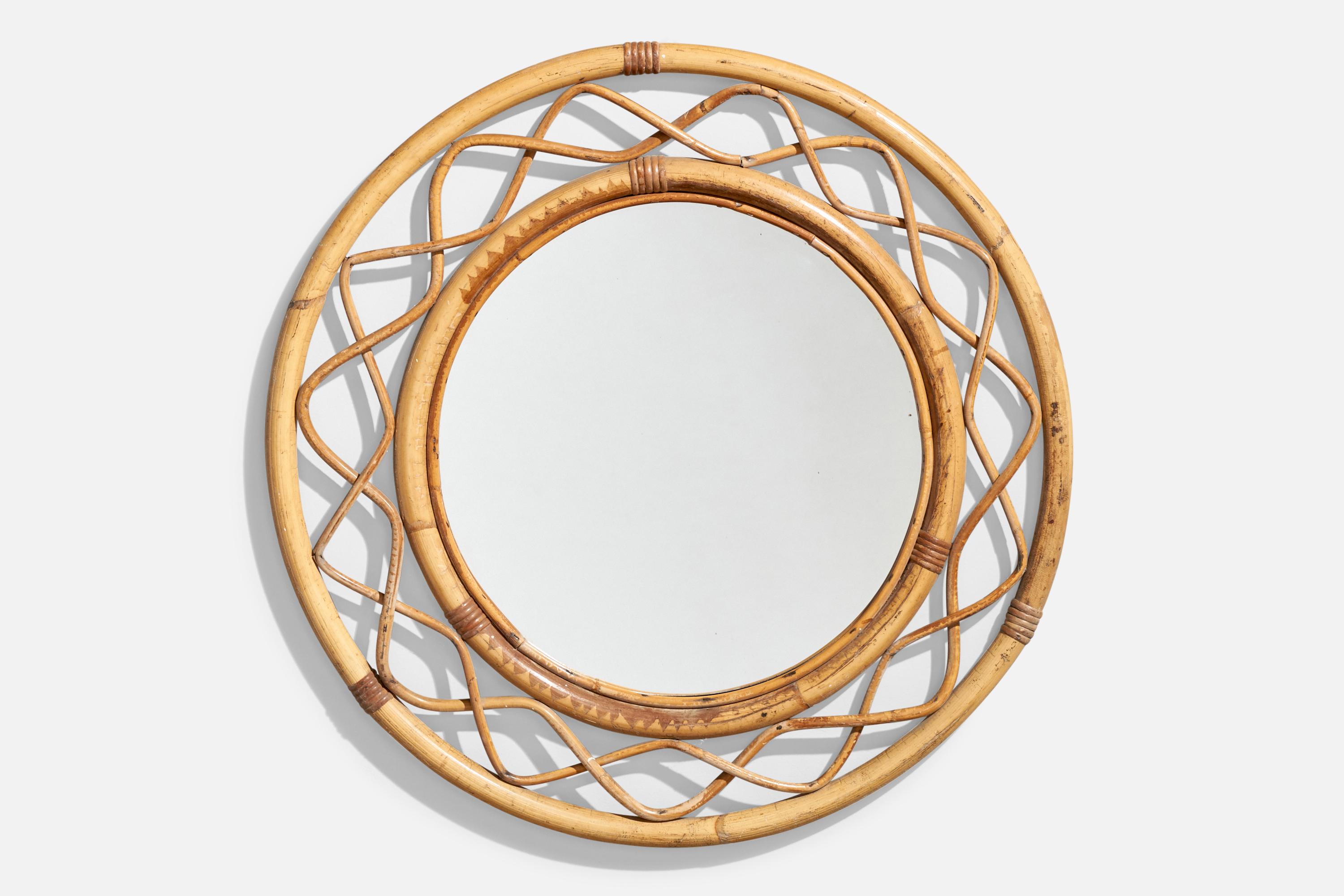 Miroir mural en bambou et rotin produit en Suède, années 1950-1960. 

 