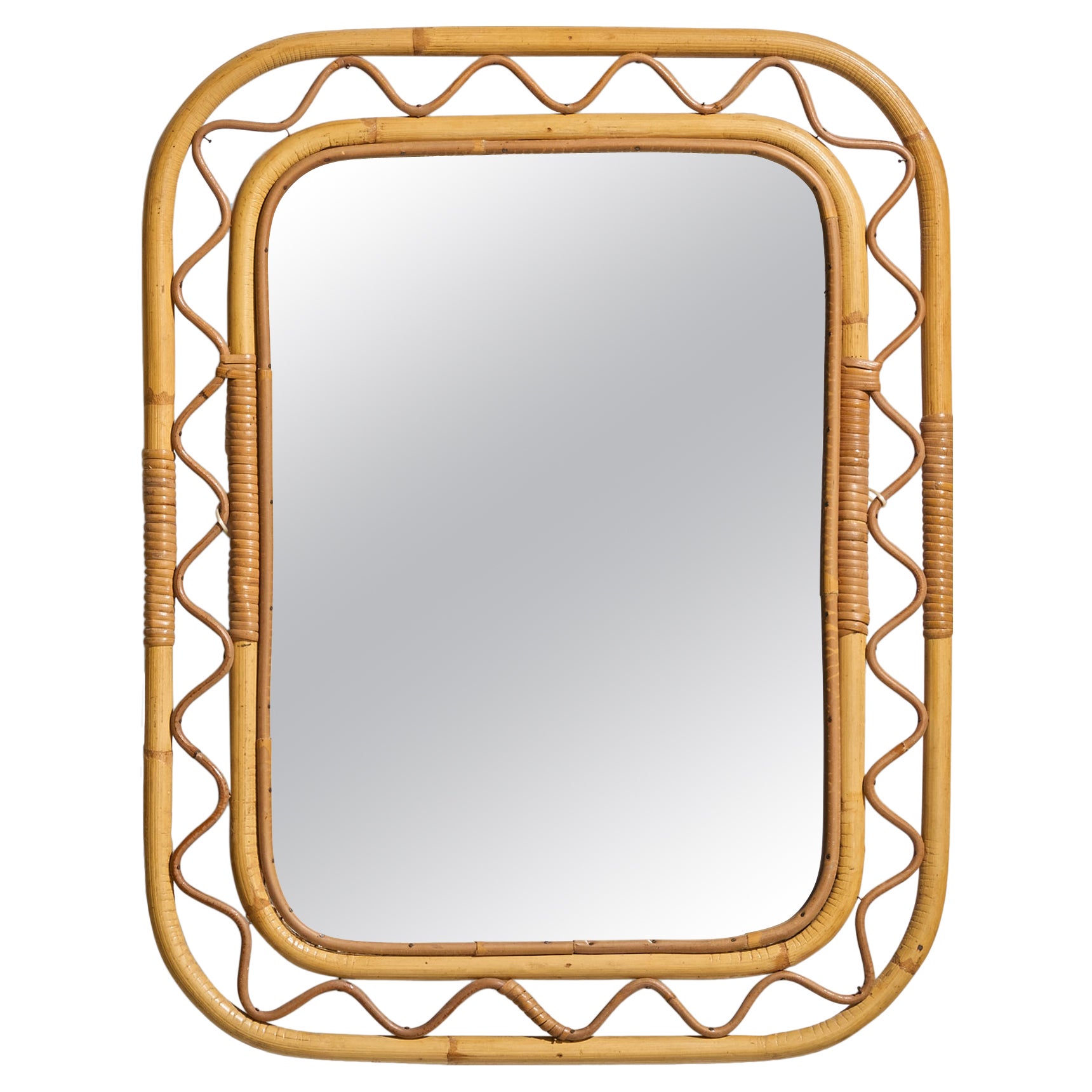 Specchio da parete di design svedese, rattan, bambù, specchio, Svezia, 1950 ca.