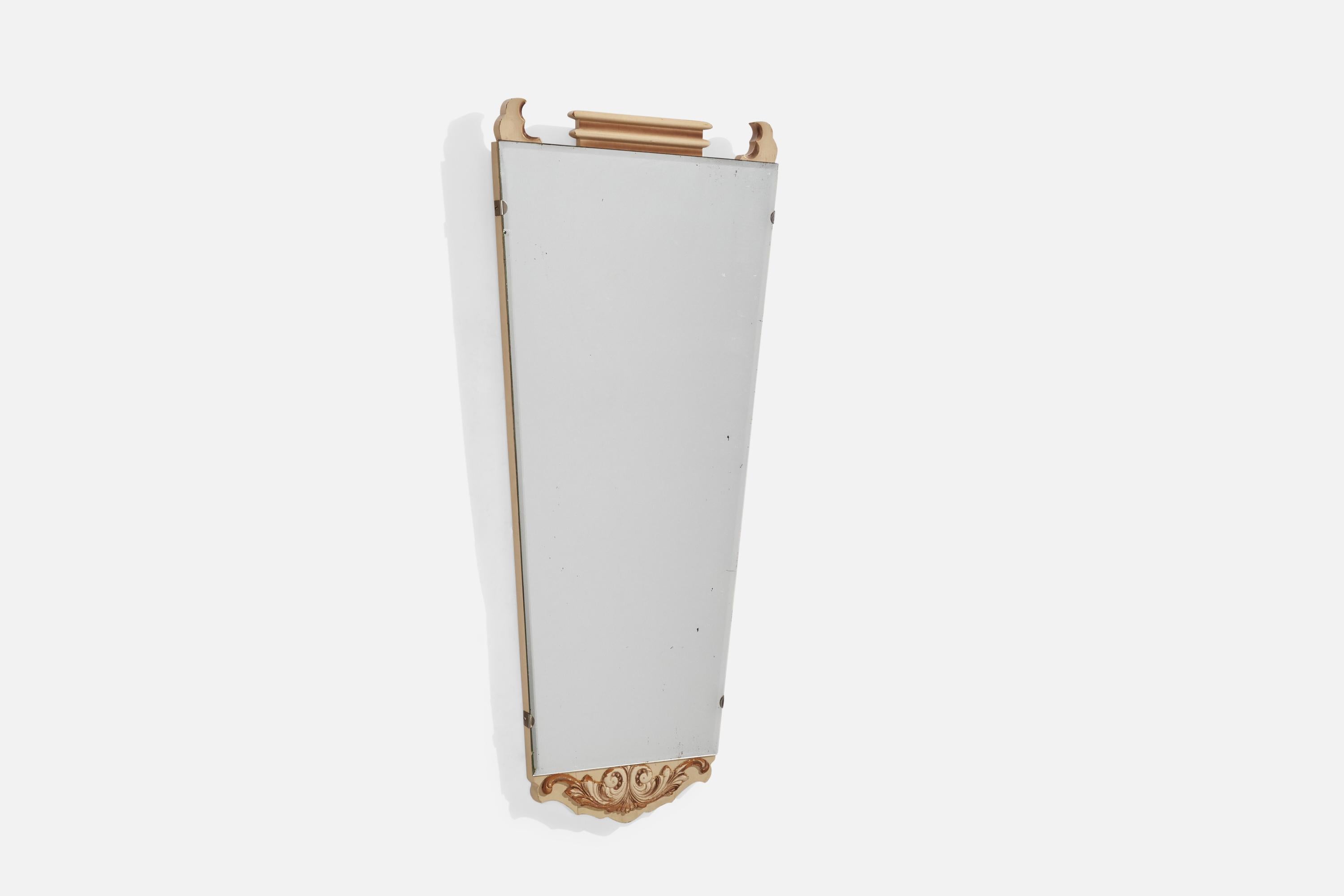 A beige-painted wood and metal wall mirror designed and produced in Sweden, c. 1930s.