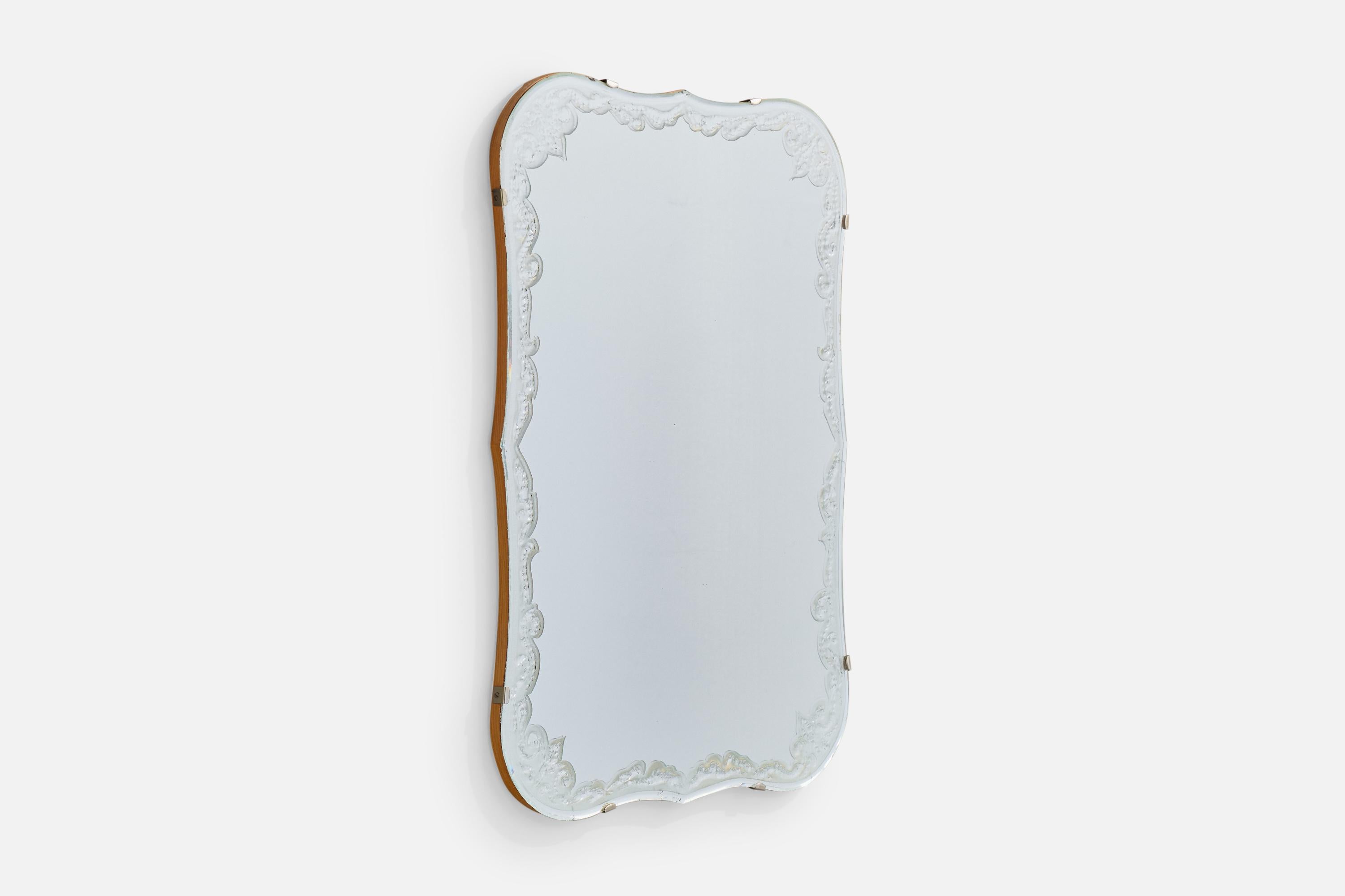 Diseñador sueco, espejo de pared, madera, metal, Suecia, años 1950 Moderno de mediados de siglo en venta