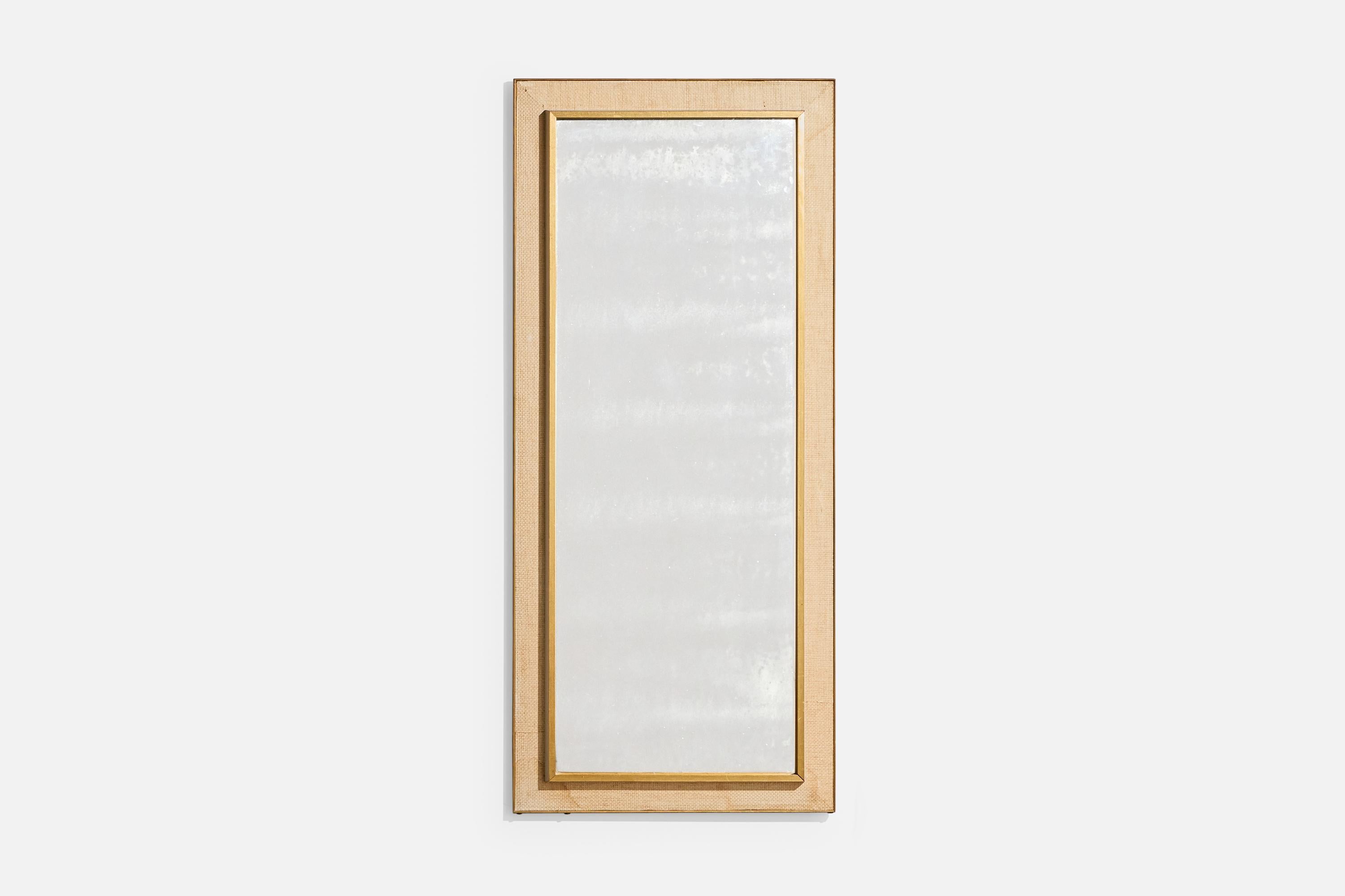 A raffia and gold-painted wood wall mirror designed and produced in Sweden, c. 1950s.

Light discoloration present as illustrated.

Overall Dimensions (inches): 52.675