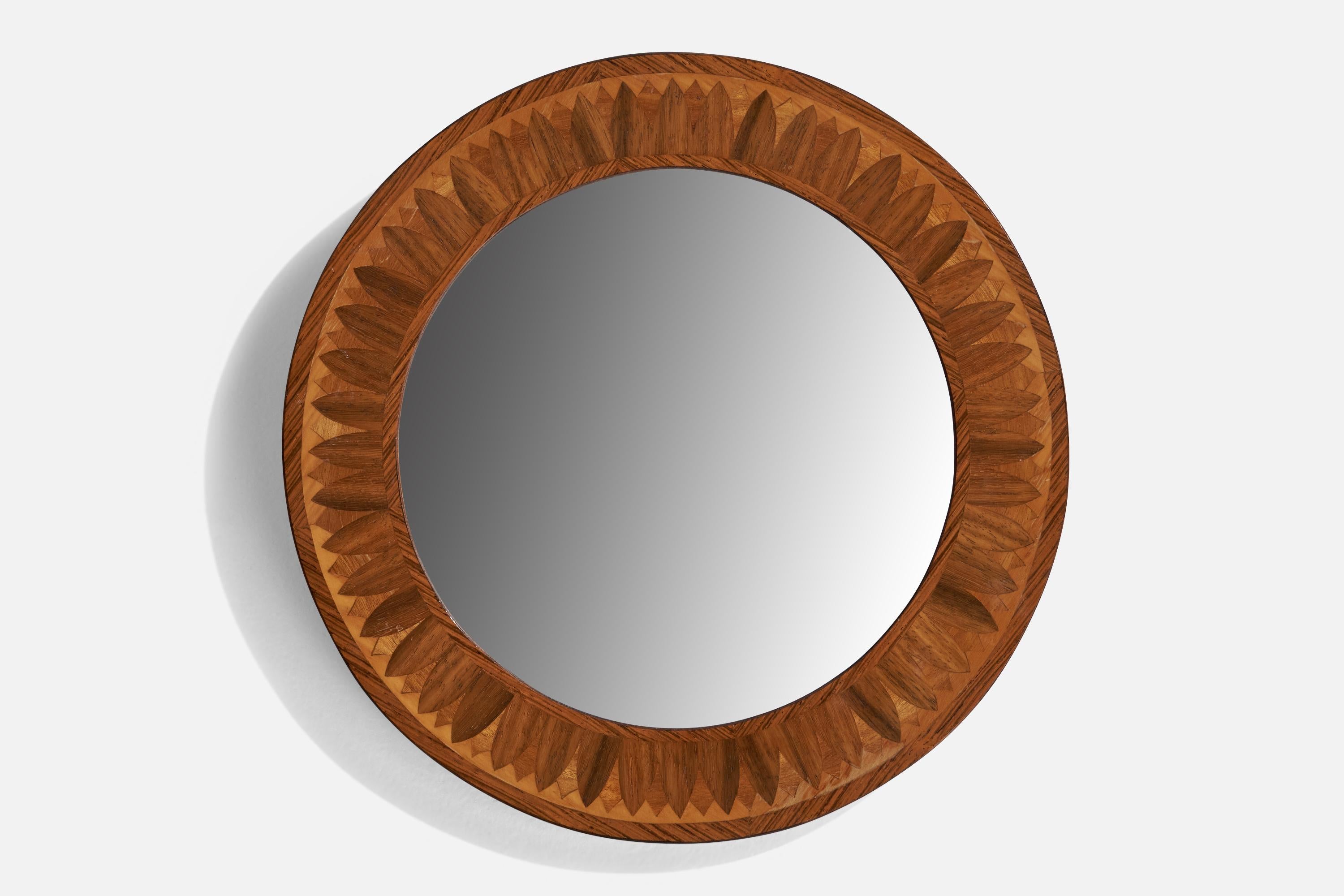 A wood inlay mirror designed and produced in Sweden, c. 1940s.
