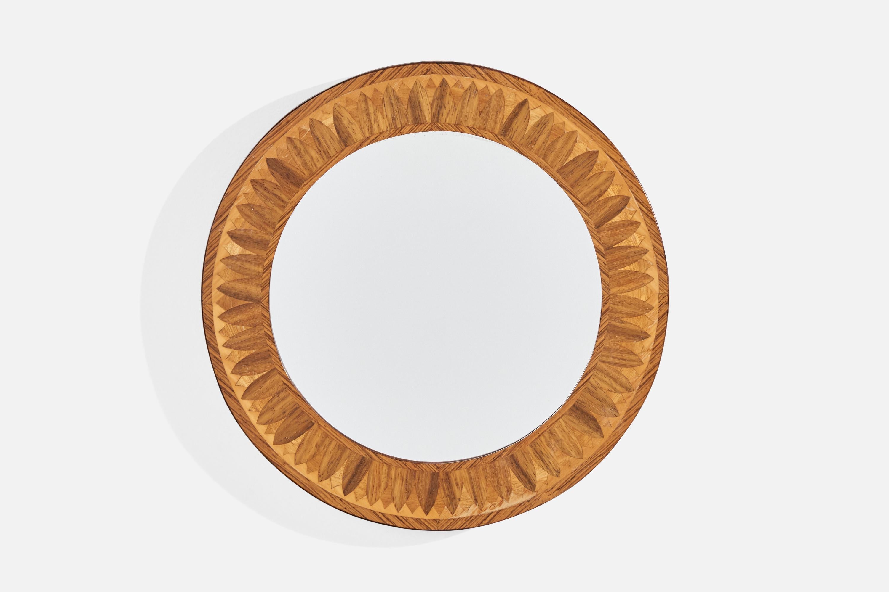 A wood inlay mirror designed and produced in Sweden, c. 1940s.