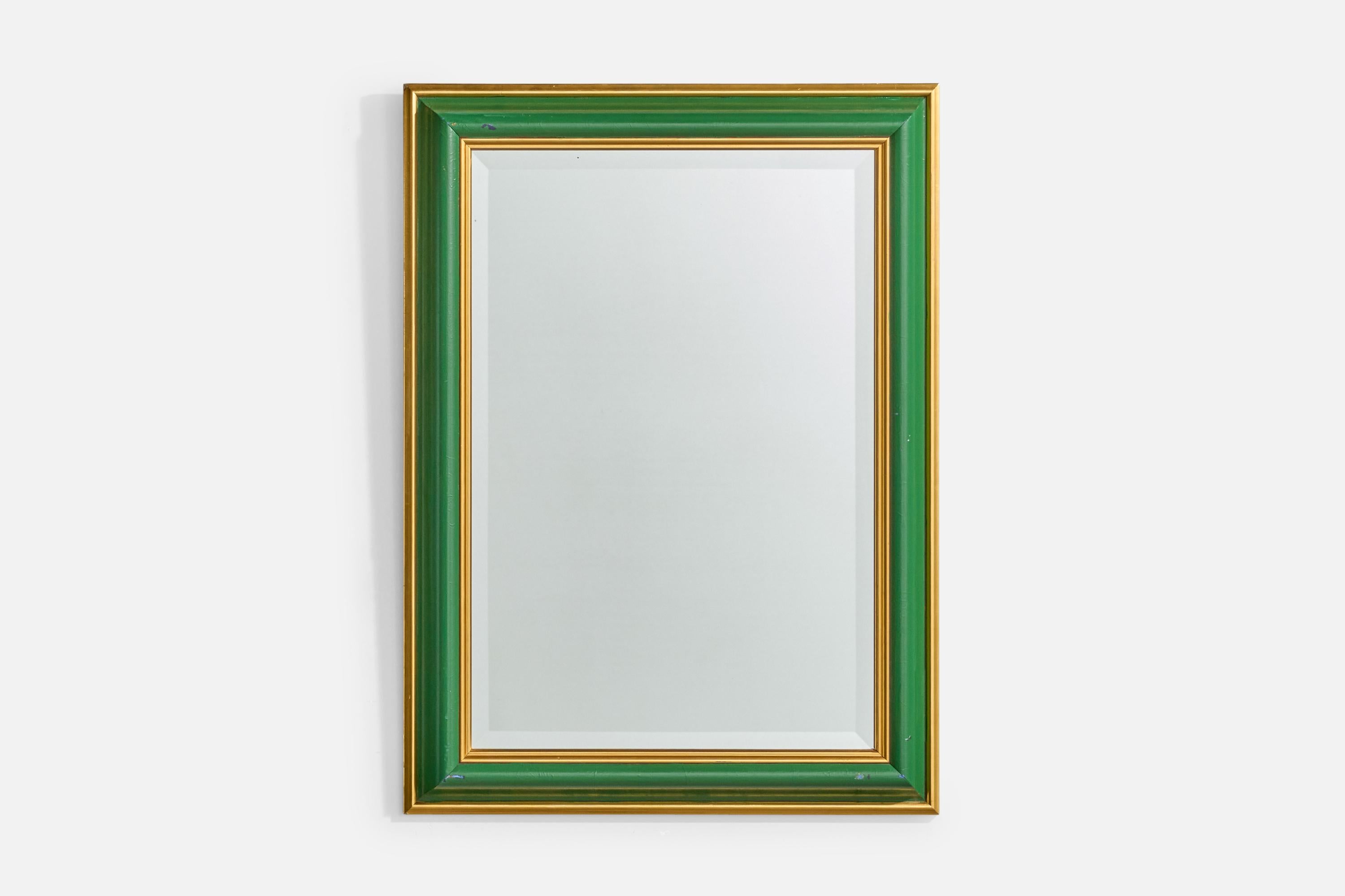 A green-painted and gilded wood wall mirror designed and produced in Sweden, c. 1950s.

Dimensions: 29.6” H x 21.625” W x 1.75” D