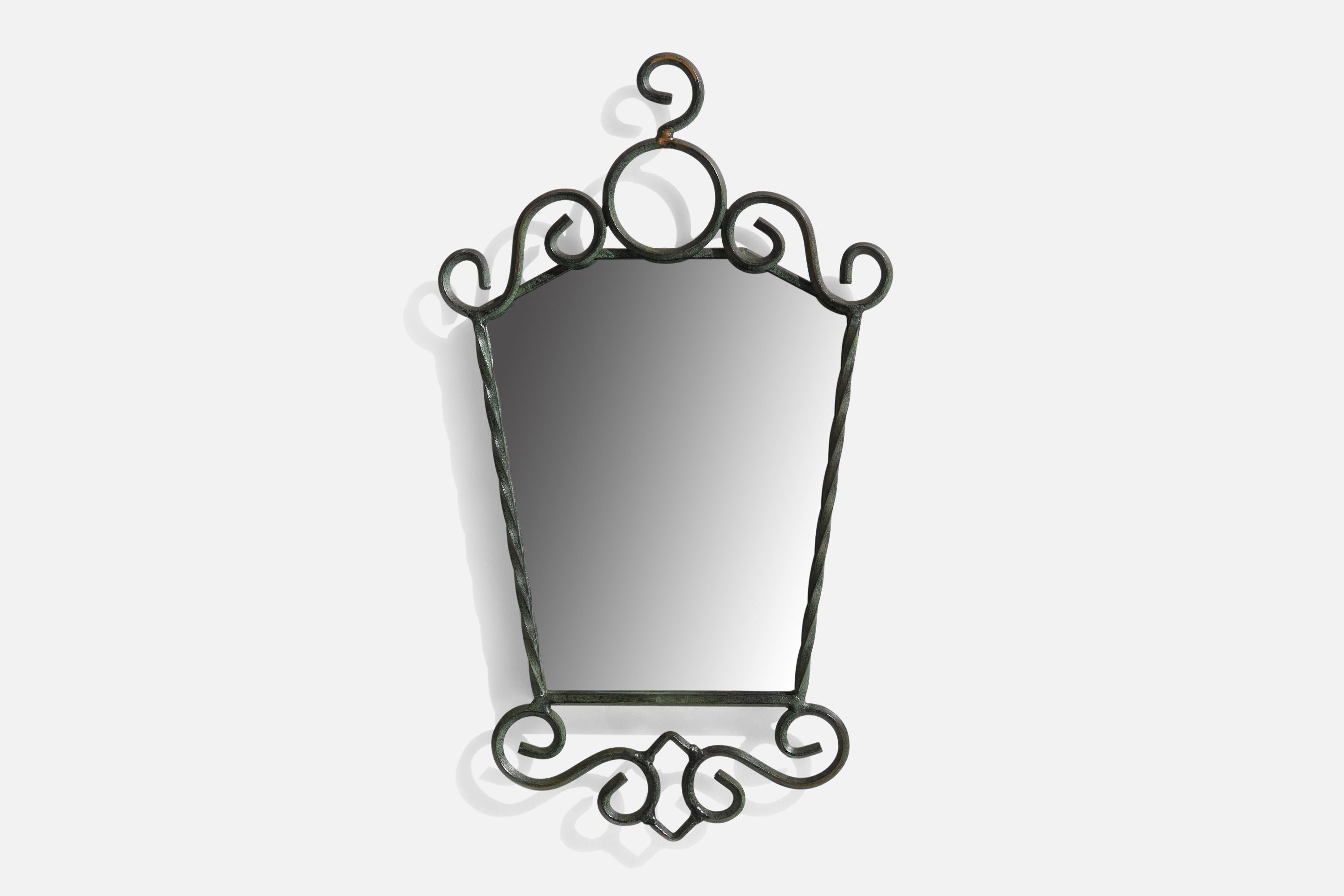 Petit miroir en fer forgé peint en vert-de-gris, conçu et produit en Suède, C.C..