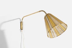 Swedish Designer, Yellow Wall Light, Brass, Fabric, Sweden, c. 1940s