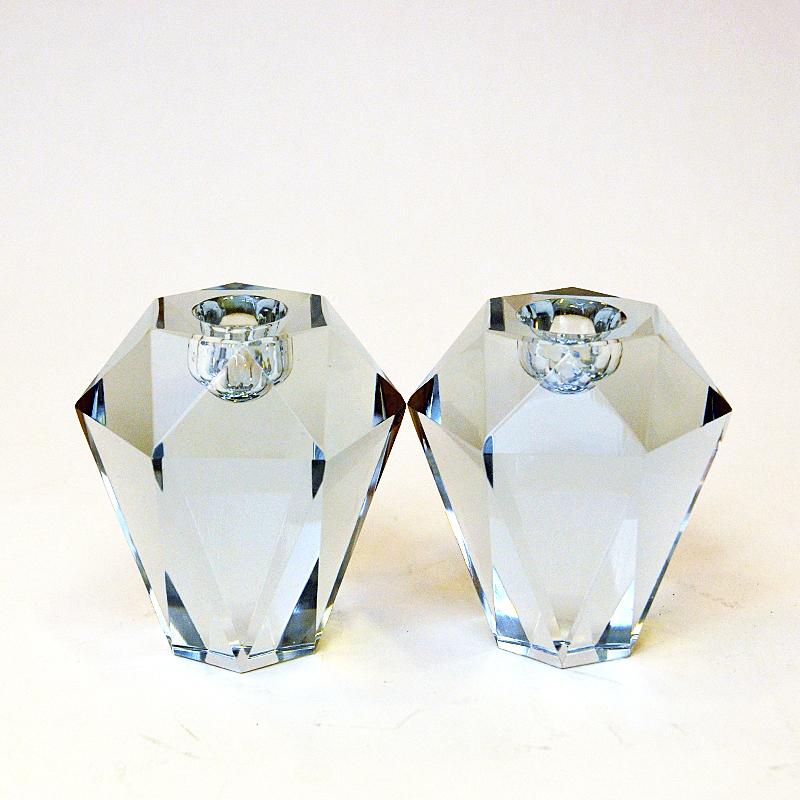 Scandinavian Modern Swedish Diamond Shaped Pair of Art Glass Candle Holders by Asta Strömberg 1960s