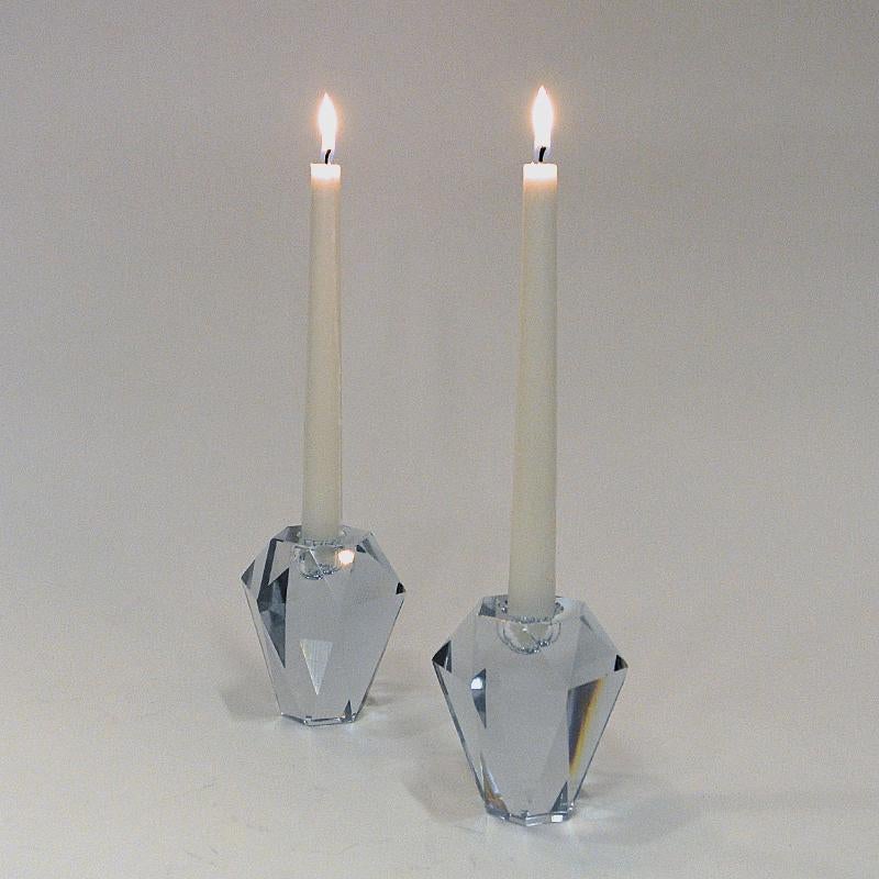 Polished Swedish Diamond Shaped Pair of Art Glass Candle Holders by Asta Strömberg 1960s