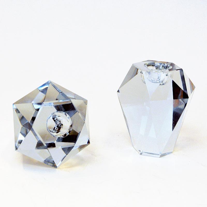 Swedish Diamond Shaped Pair of Art Glass Candle Holders by Asta Strömberg 1960s In Good Condition In Stockholm, SE