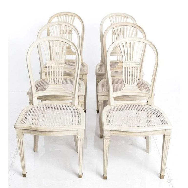 Swedish Antique White Gustavian Style Set of Six Dining Chairs