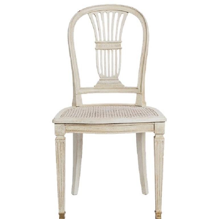 Cane Antique White Gustavian Style Set of Six Dining Chairs