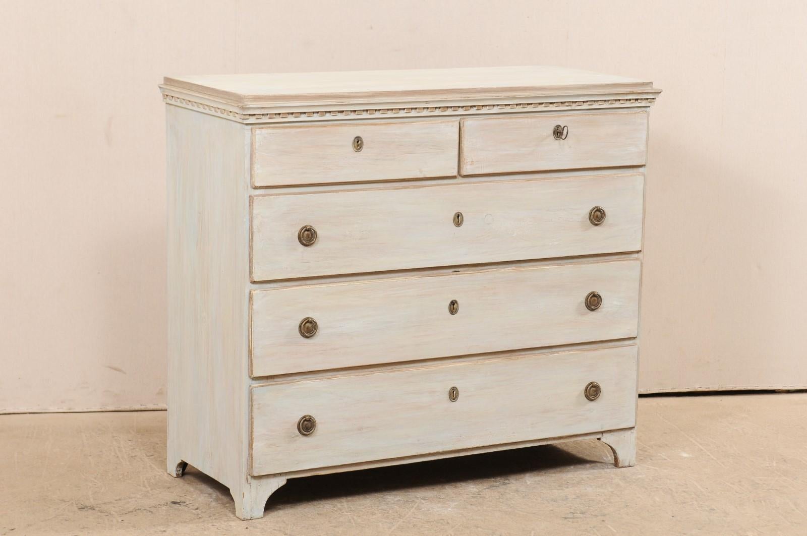 Carved Swedish Early 19th Century Five-Drawer Painted Wood Chest in Pale Blue