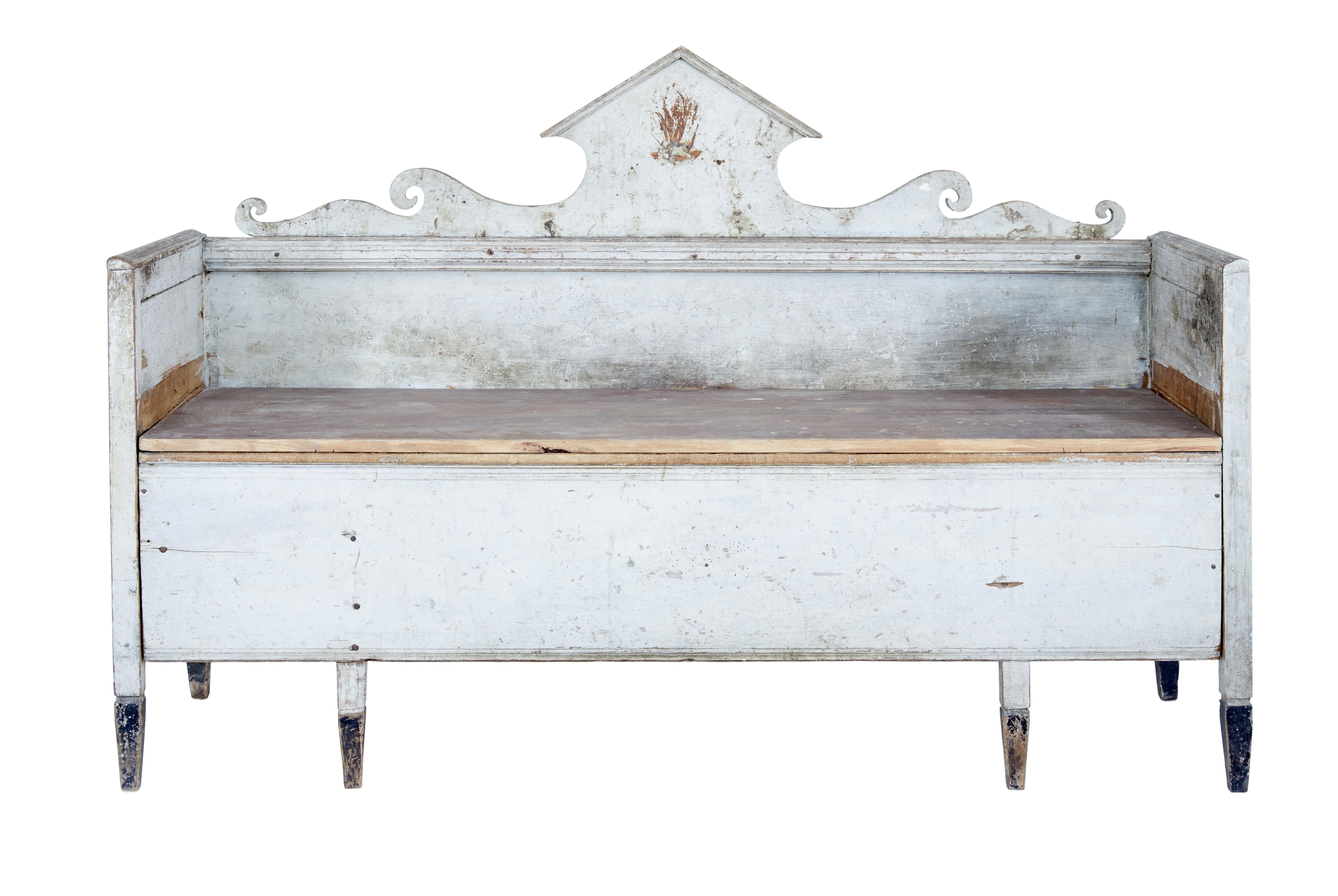 Swedish early 19th century Gustavian painted sofa circa 1810.

Stunning sofa in original paint. This would have been a day bed with a pull out section to the front, but it has since been sealed shut, this could be released if desired.

Pediment