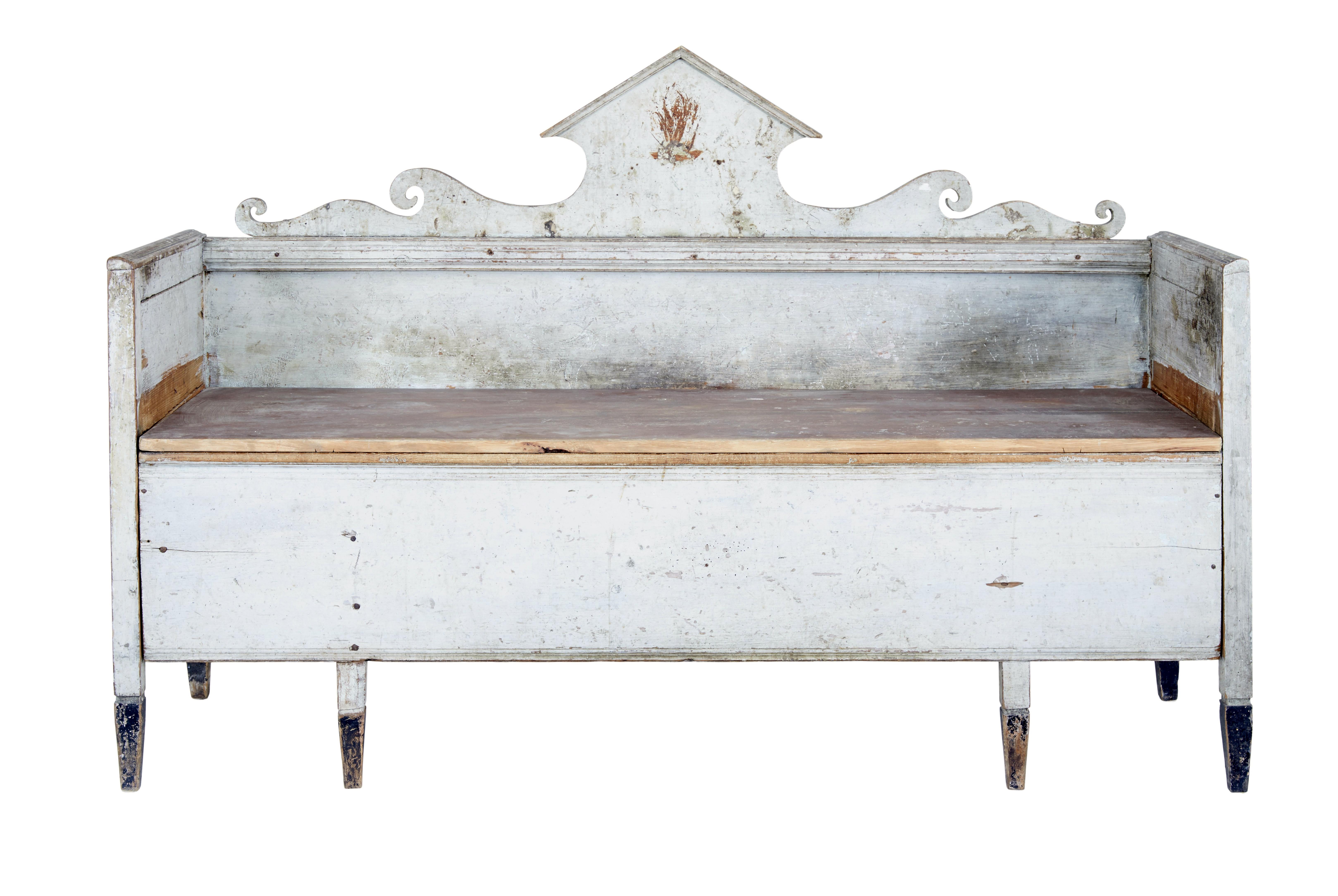 Swedish early 19th century gustavian painted sofa circa 1810.

Stunning sofa in original paint.  This would have been a day bed with a pull out section to the front, but it has since been sealed shut, this could be released if desired.

Pediment