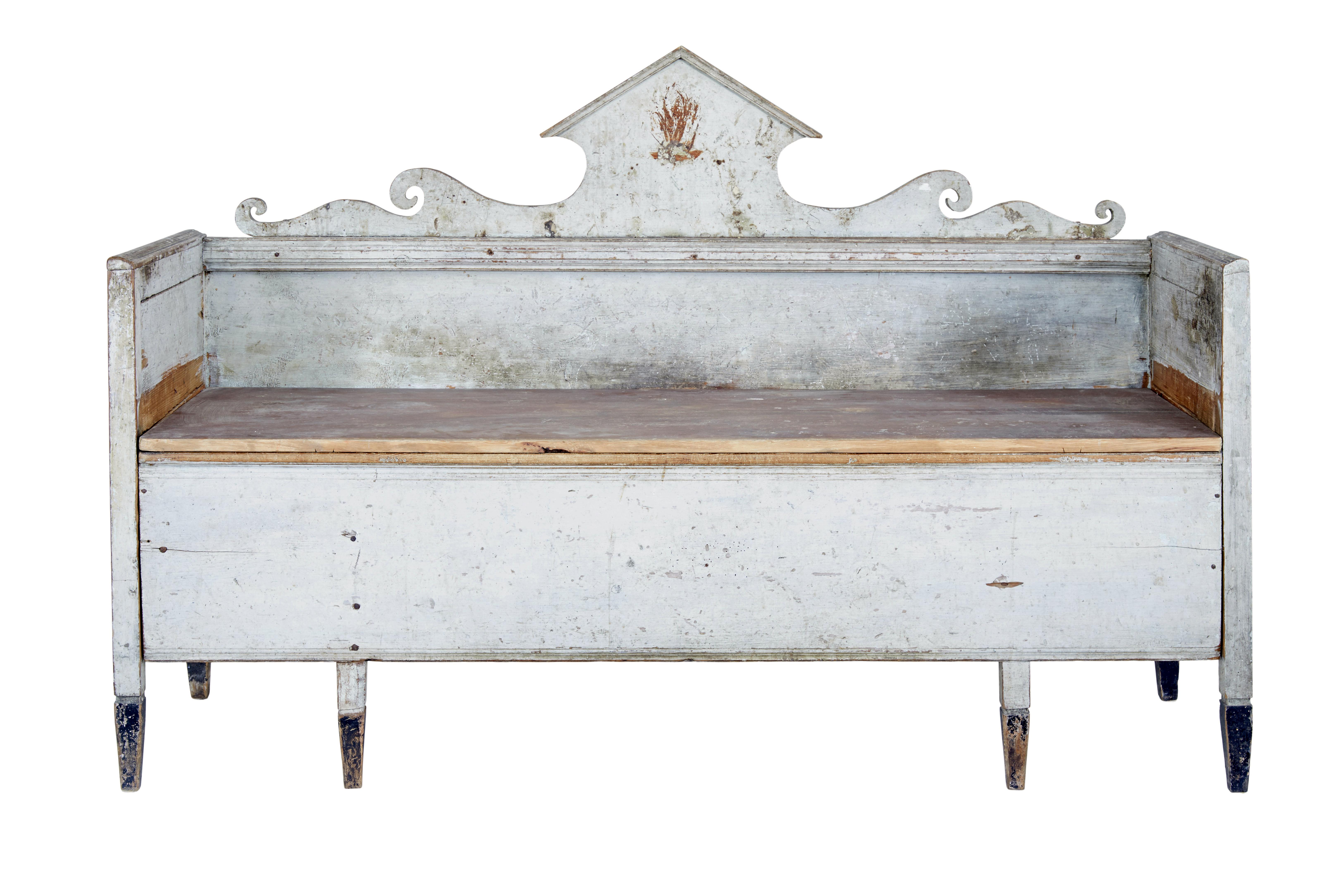 Swedish early 19th century Gustavian painted sofa circa 1810.

Stunning sofa in original paint.  This would have been a day bed with a pull out section to the front, but it has since been sealed shut, this could be released if desired.

Pediment