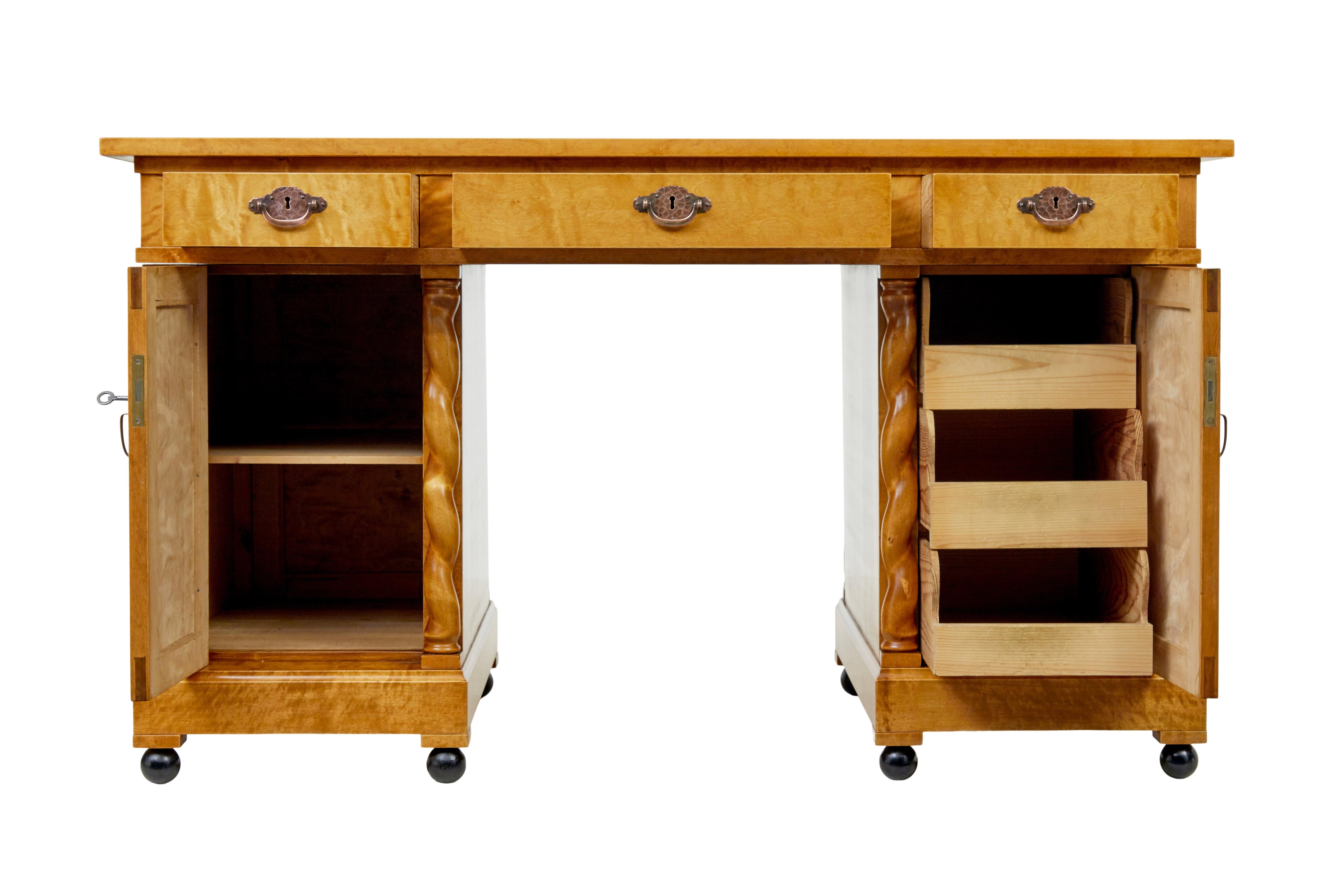 Art Nouveau Swedish early 20th century carved birch pedestal desk