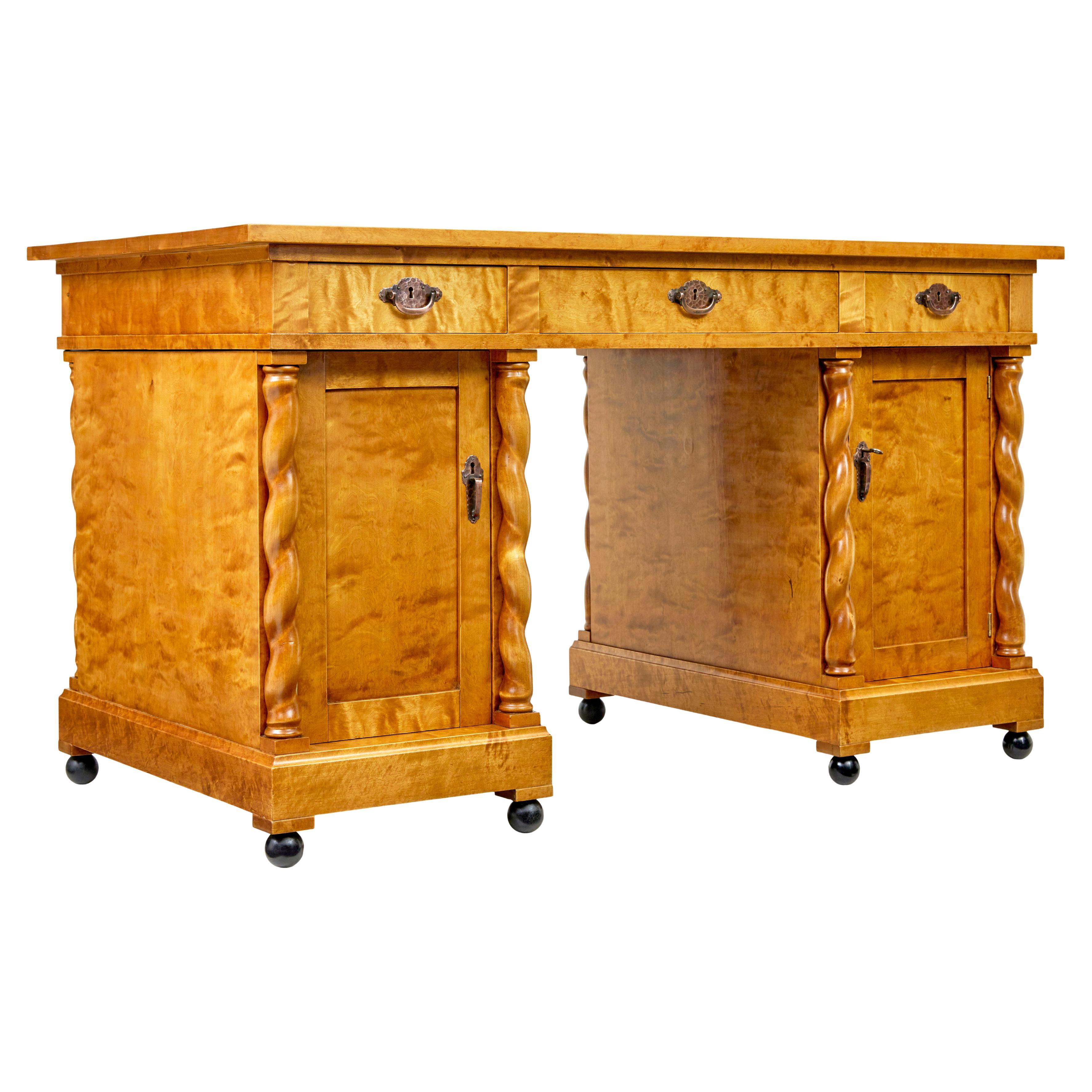 Swedish early 20th century carved birch pedestal desk