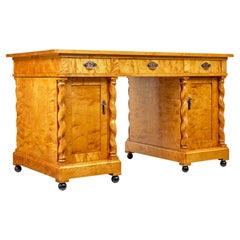 Antique Swedish early 20th century carved birch pedestal desk