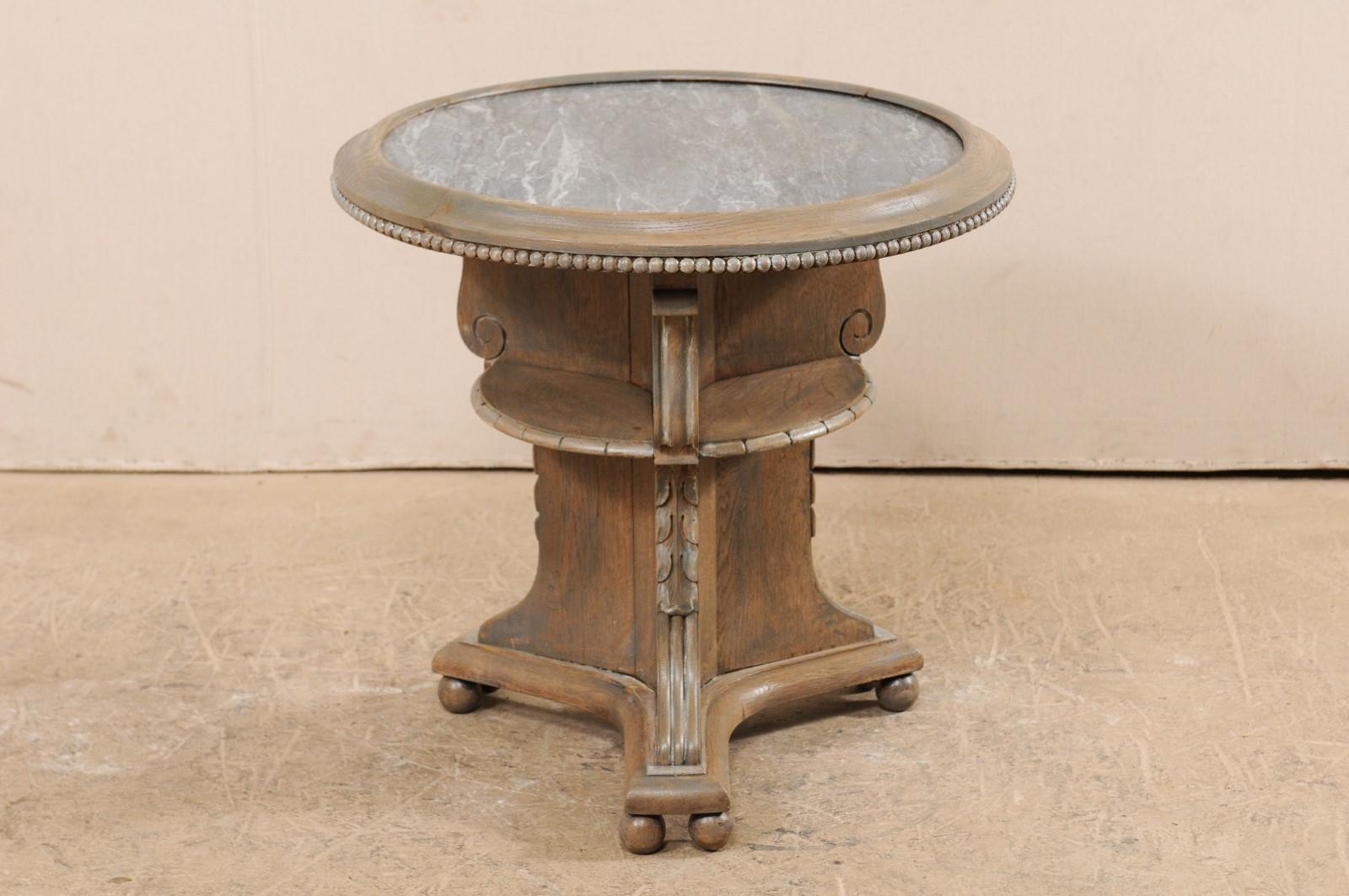 Carved Swedish Early 20th Century Round Painted Wood Occasional Table with Marble Top