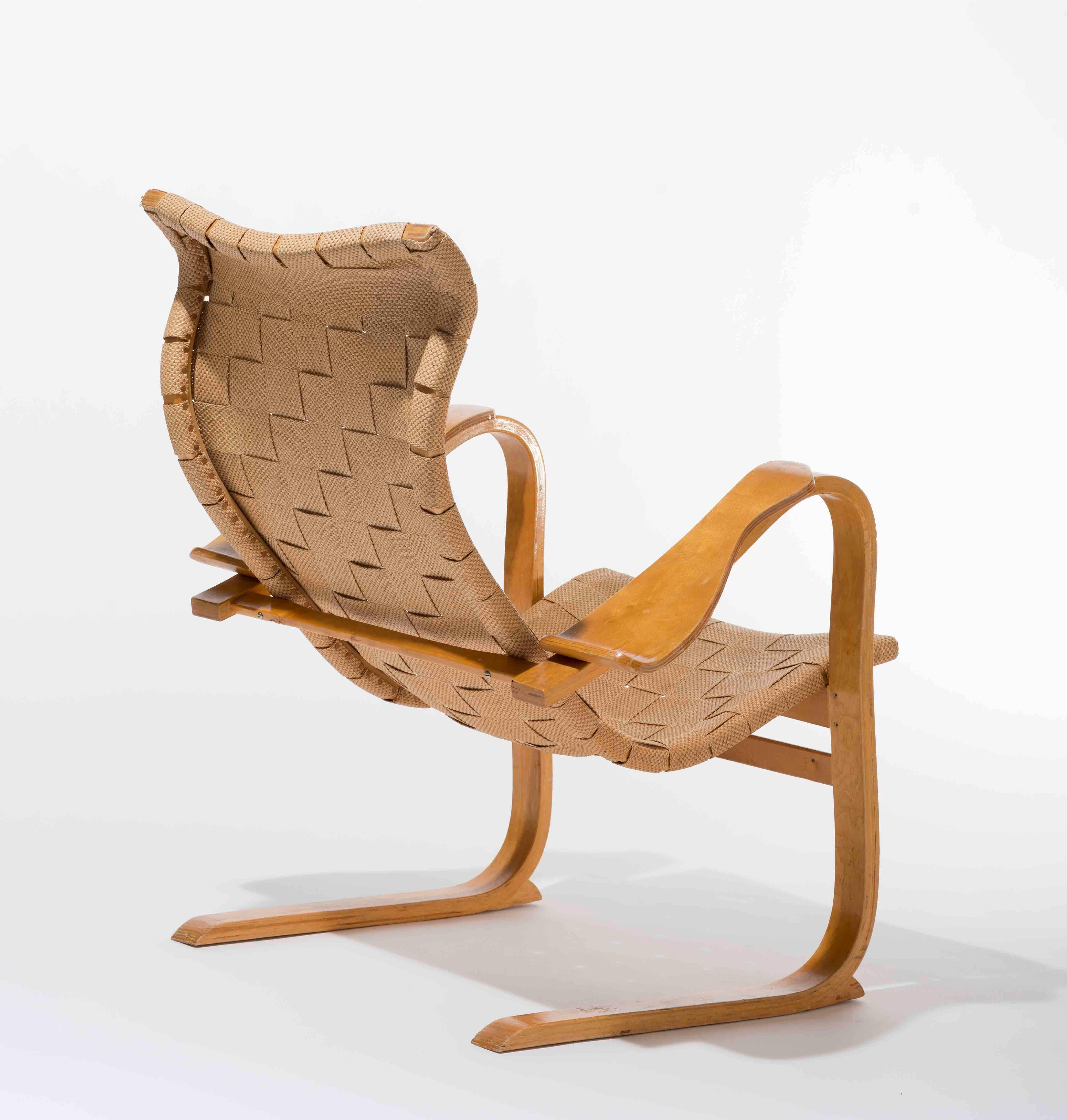 Scandinave moderne Rare fauteuil de salon suédois en bouleau et sangles, modèle Patronen de G.A. Berg, années 1940