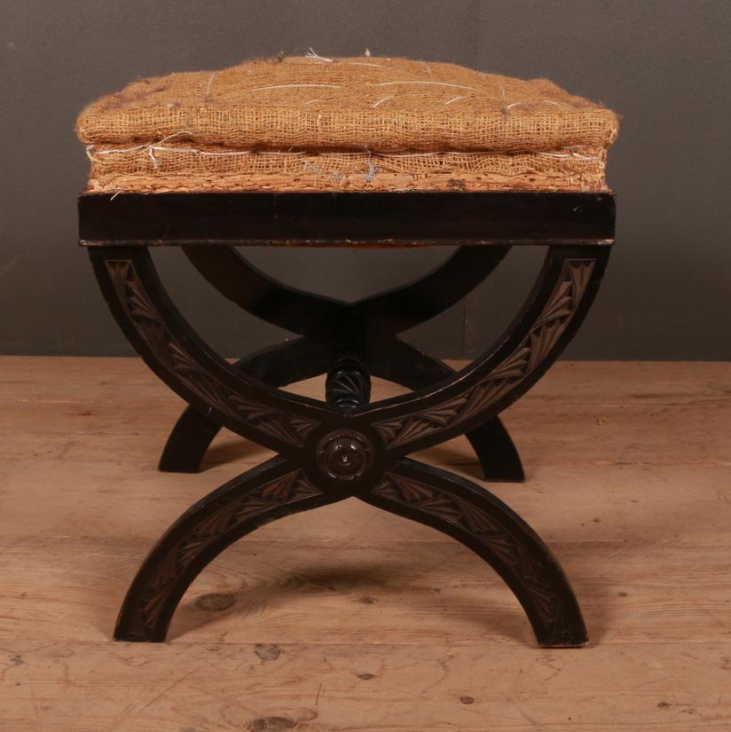 19th century Swedish ebonized stool with carved decoration in need of re-upholstery. 1860

Dimensions:
18 inches (46 cms) wide
18 inches (46 cms) deep
19 inches (48 cms) high.

   