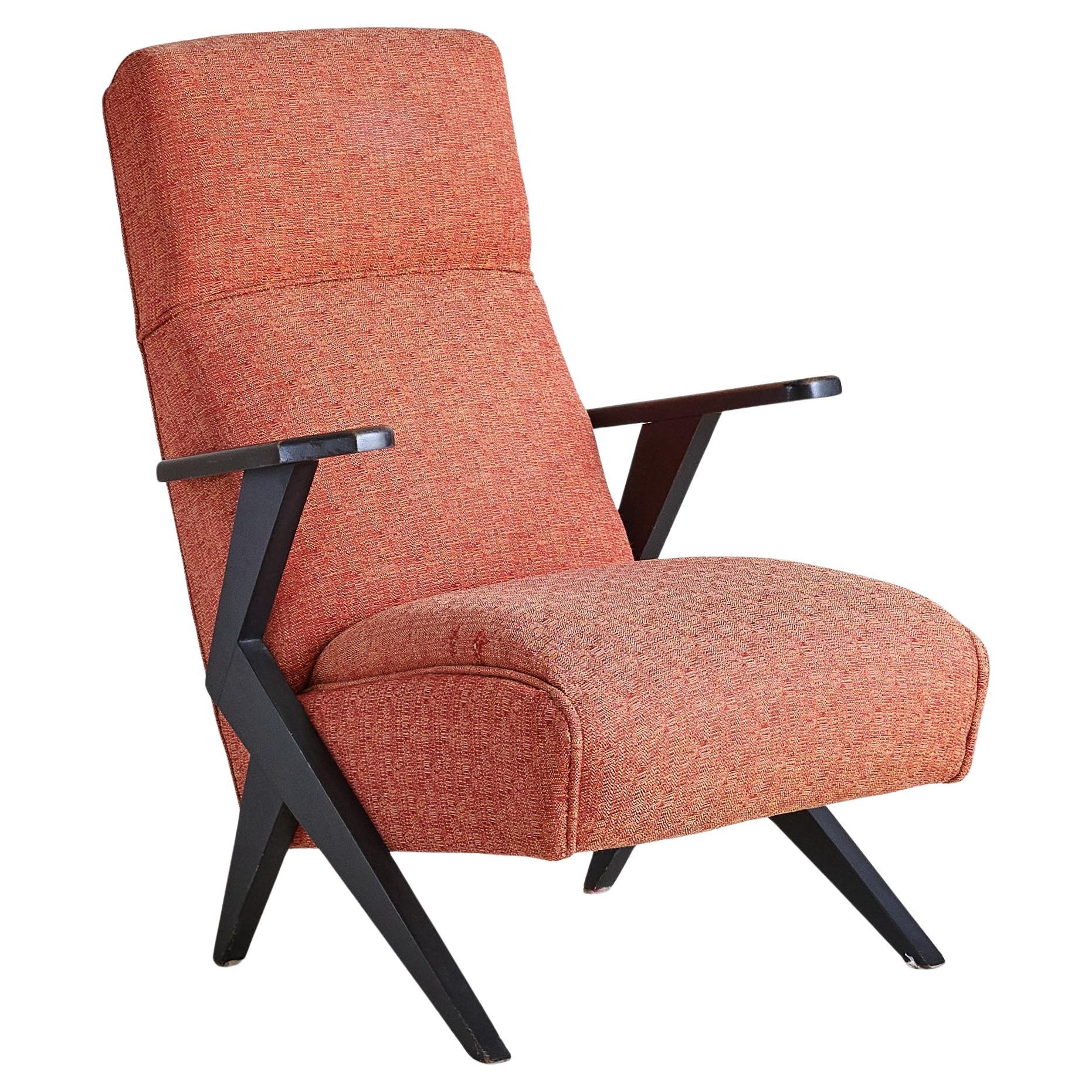 Swedish Ebonized Wood Armchair with Original Coral Upholstery, 1950s