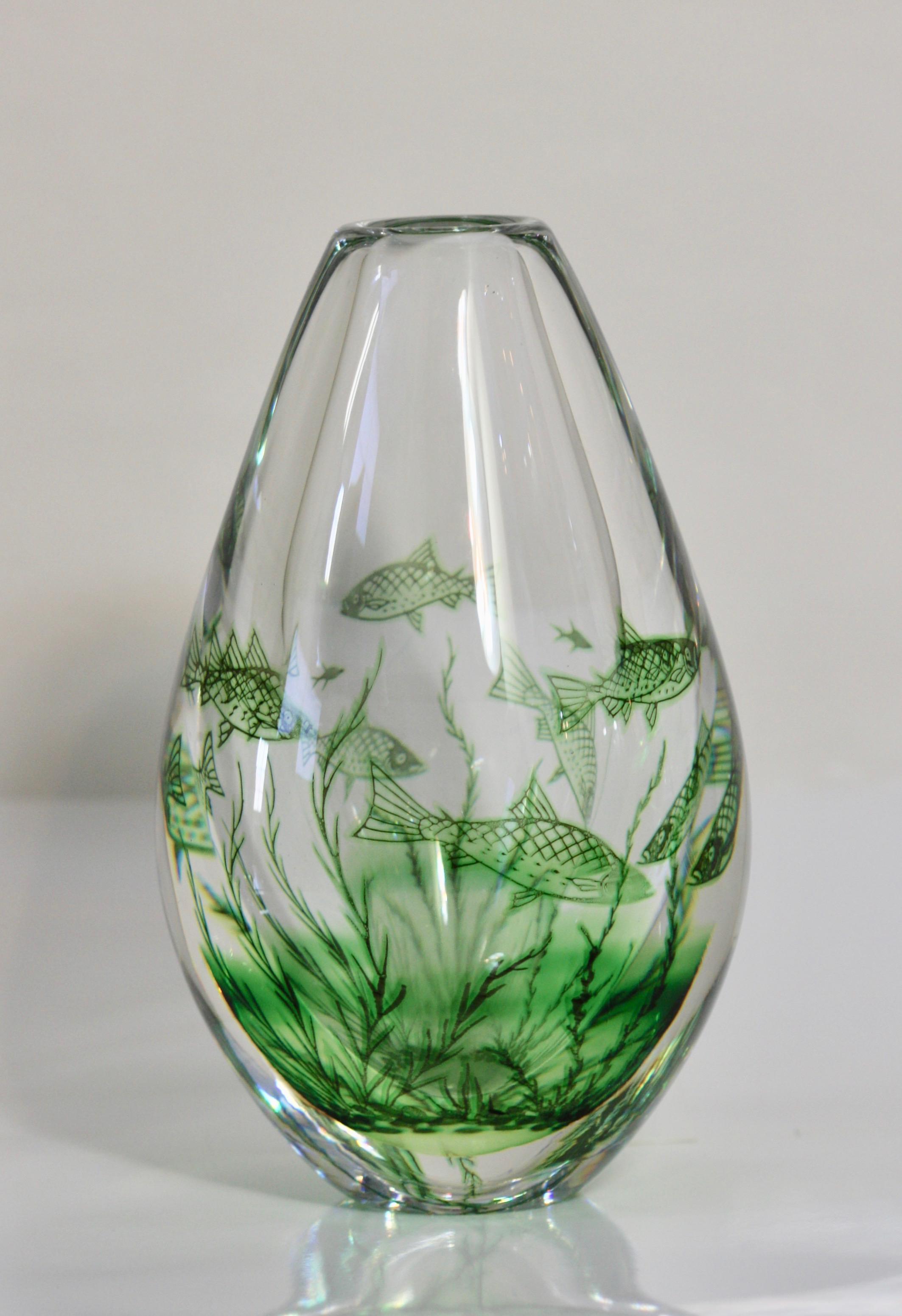 Glass Swedish Edward Hald Orrefors Graal Aquarium Heavy Vase 
