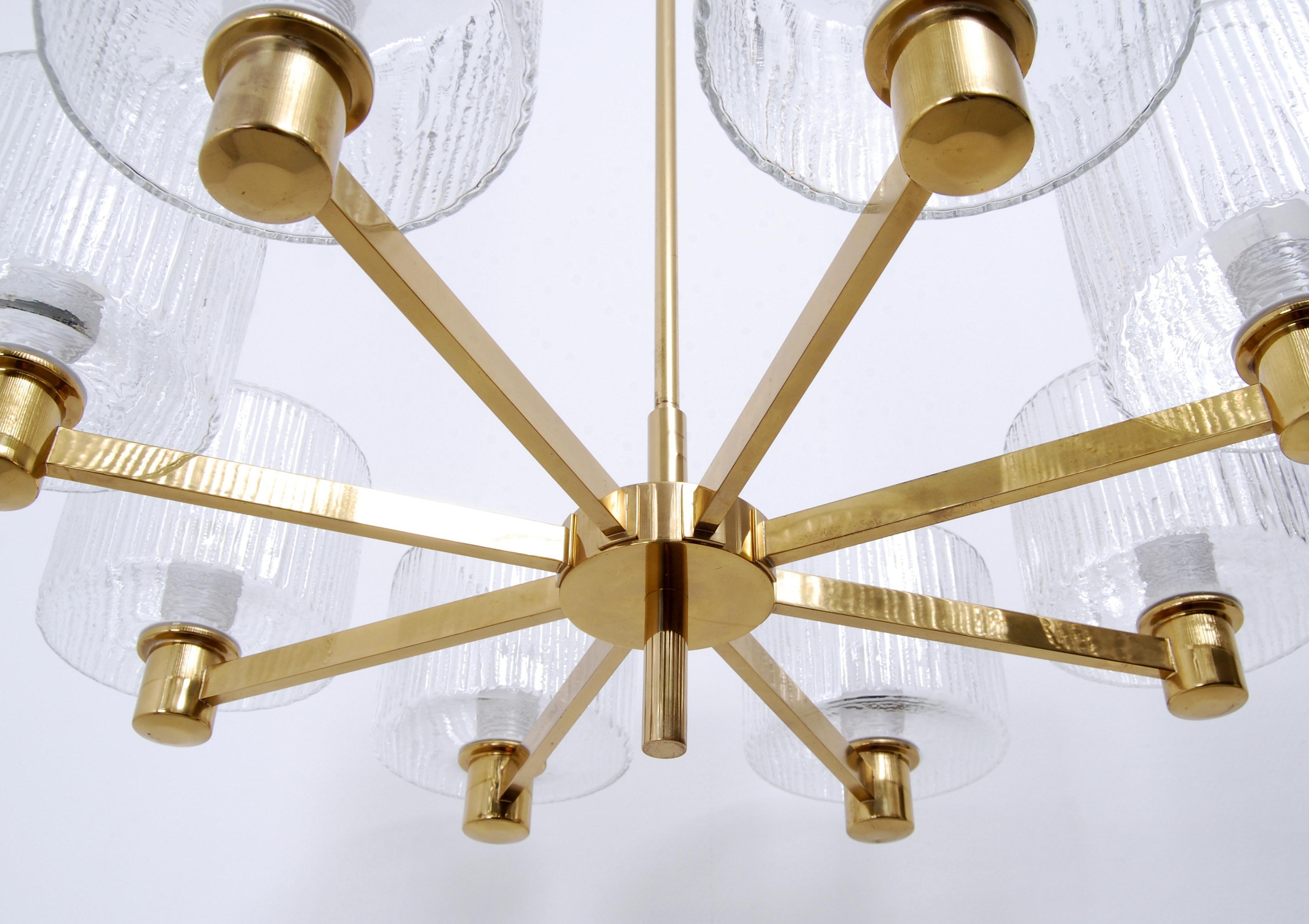 20th Century Swedish Eight Arms Glass and Brass Chandelier