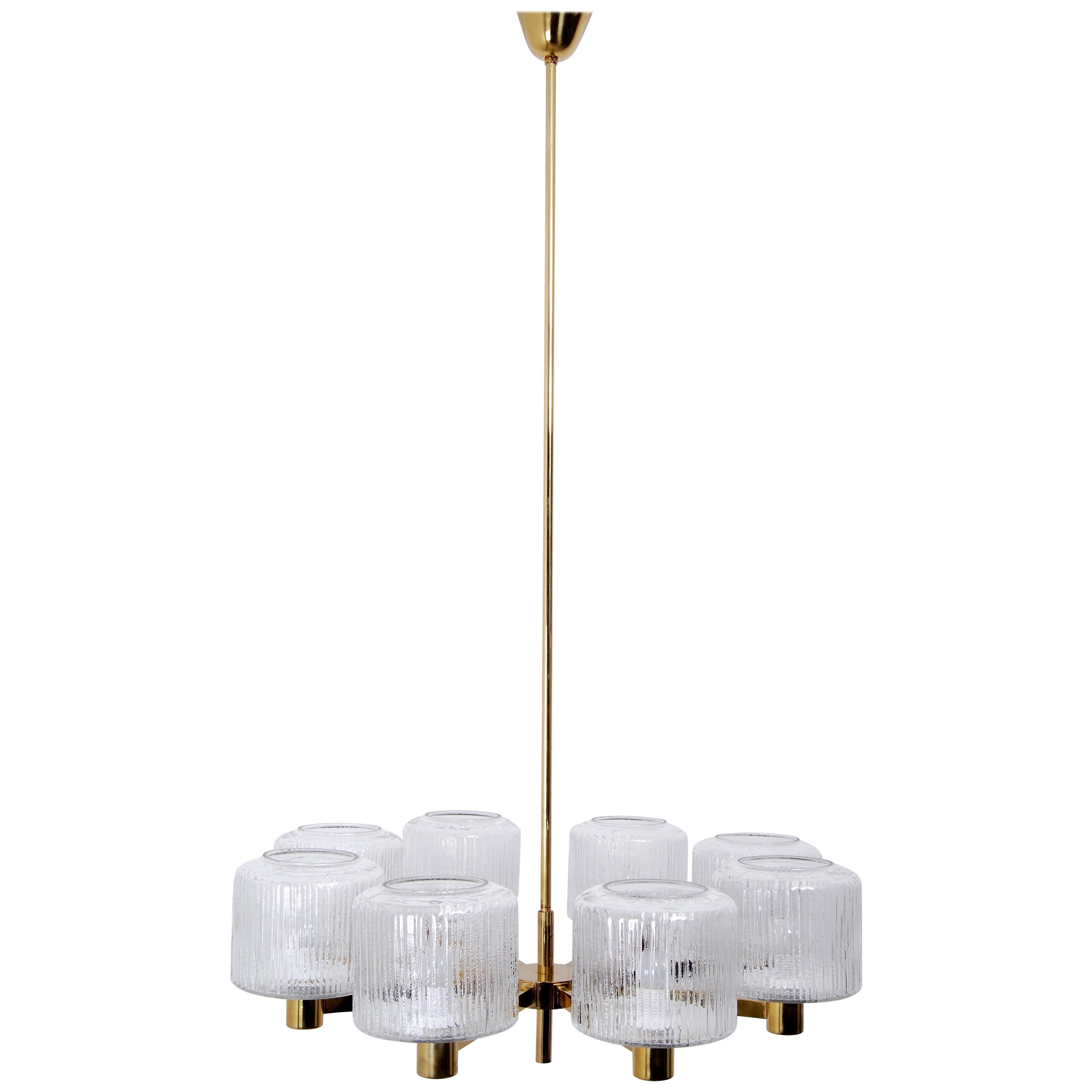 Swedish Eight Arms Glass and Brass Chandelier