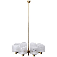 Swedish Eight Arms Glass and Brass Chandelier