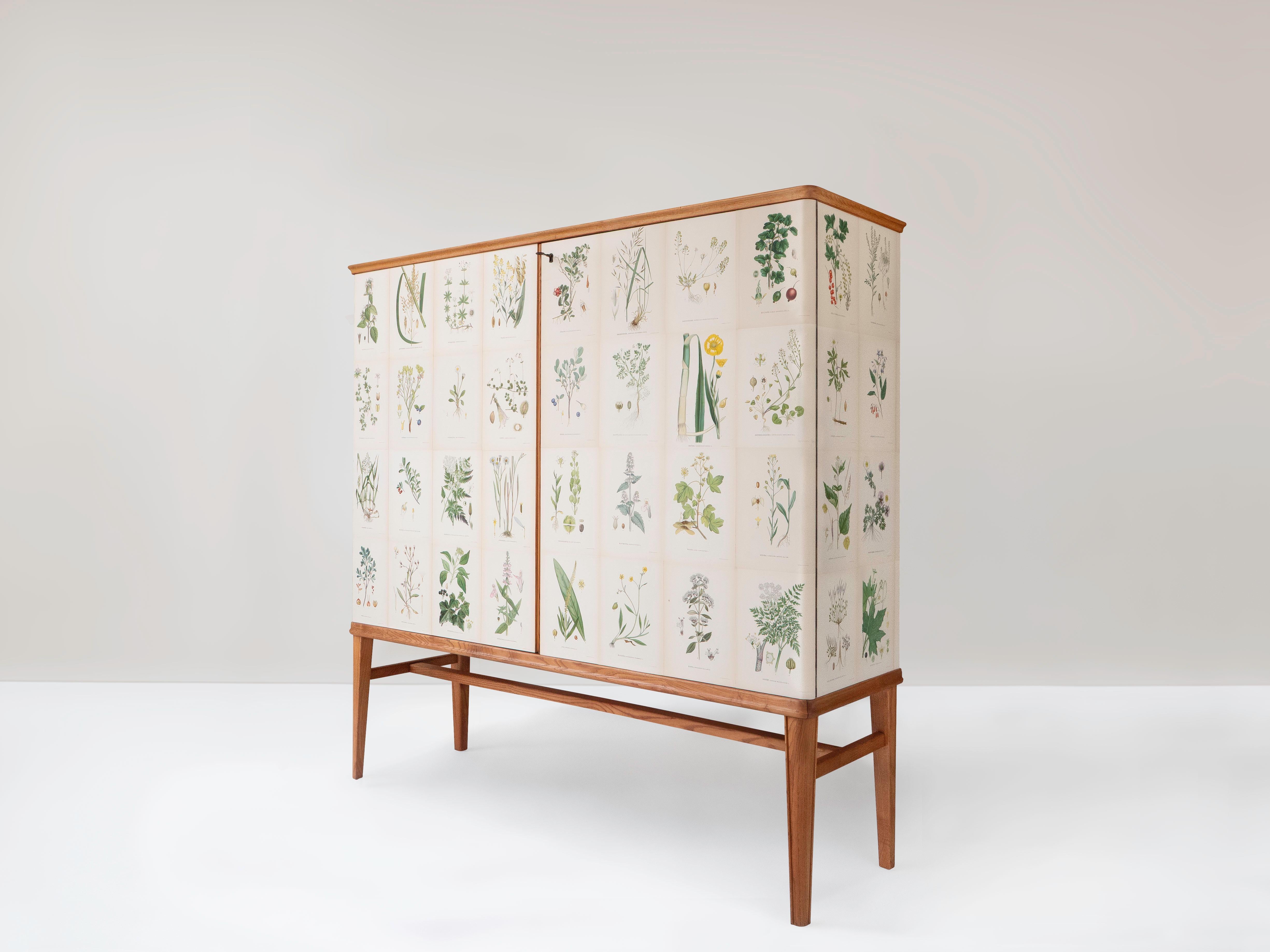 20th Century Swedish Elm Cabinet with Nordens Flora Illustrations, Josef Frank Style