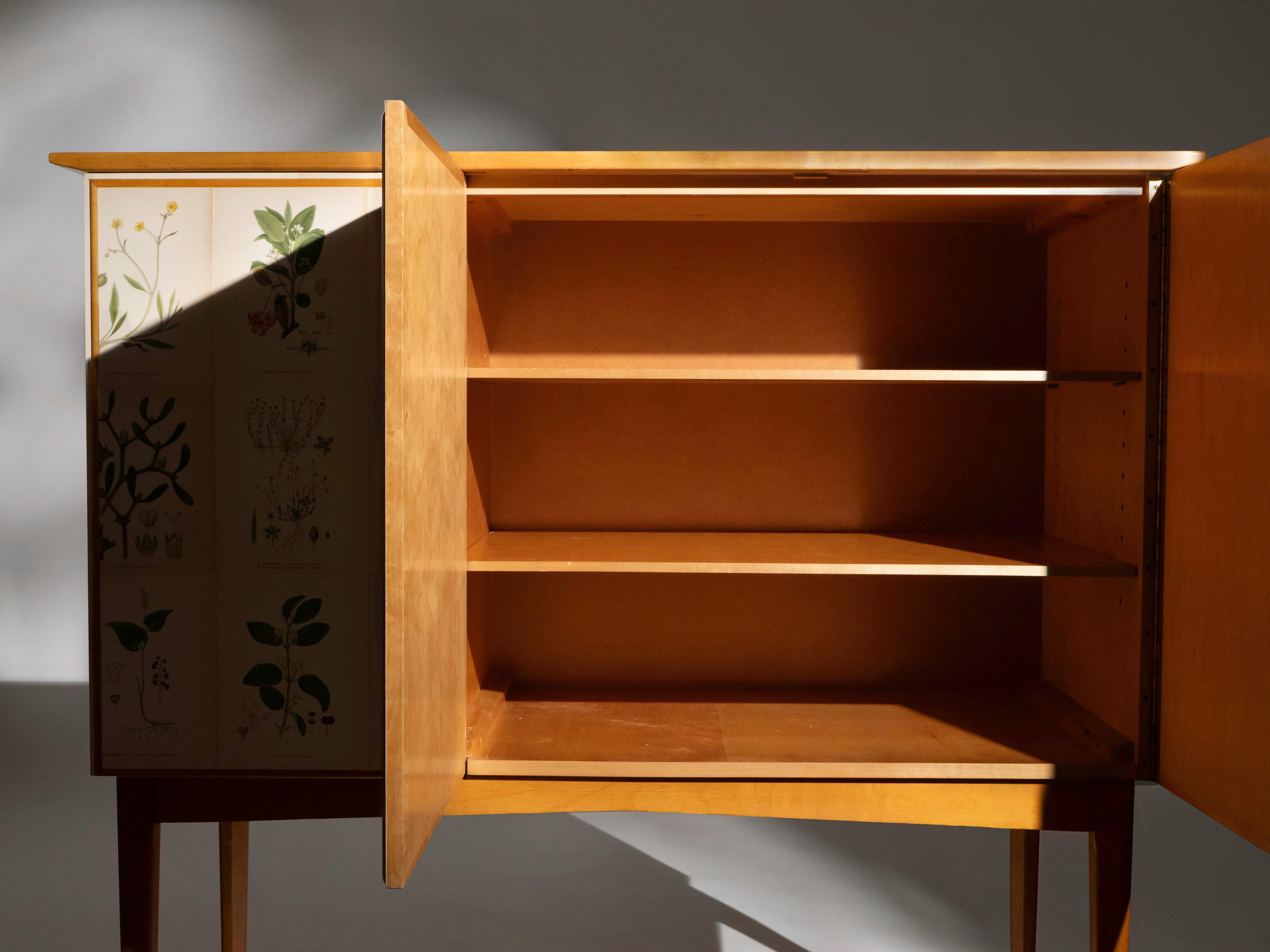Swedish Elm Cabinet with Nordens Flora Illustrations, Josef Frank Style en Bueno estado para la venta en Los Angeles, CA
