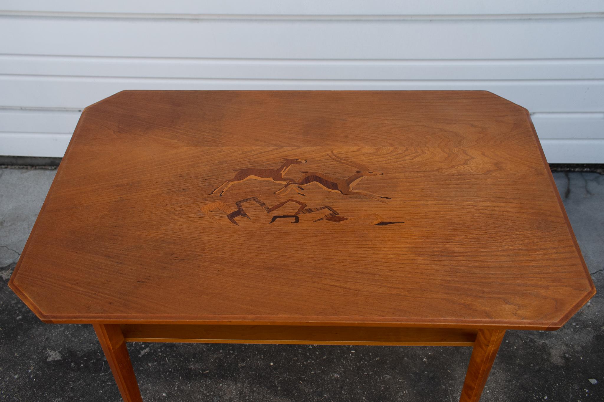 Scandinavian Modern Swedish Elm Side Table With Rosewood, Jacaranda, and Mahogany Intarsia Inlay For Sale