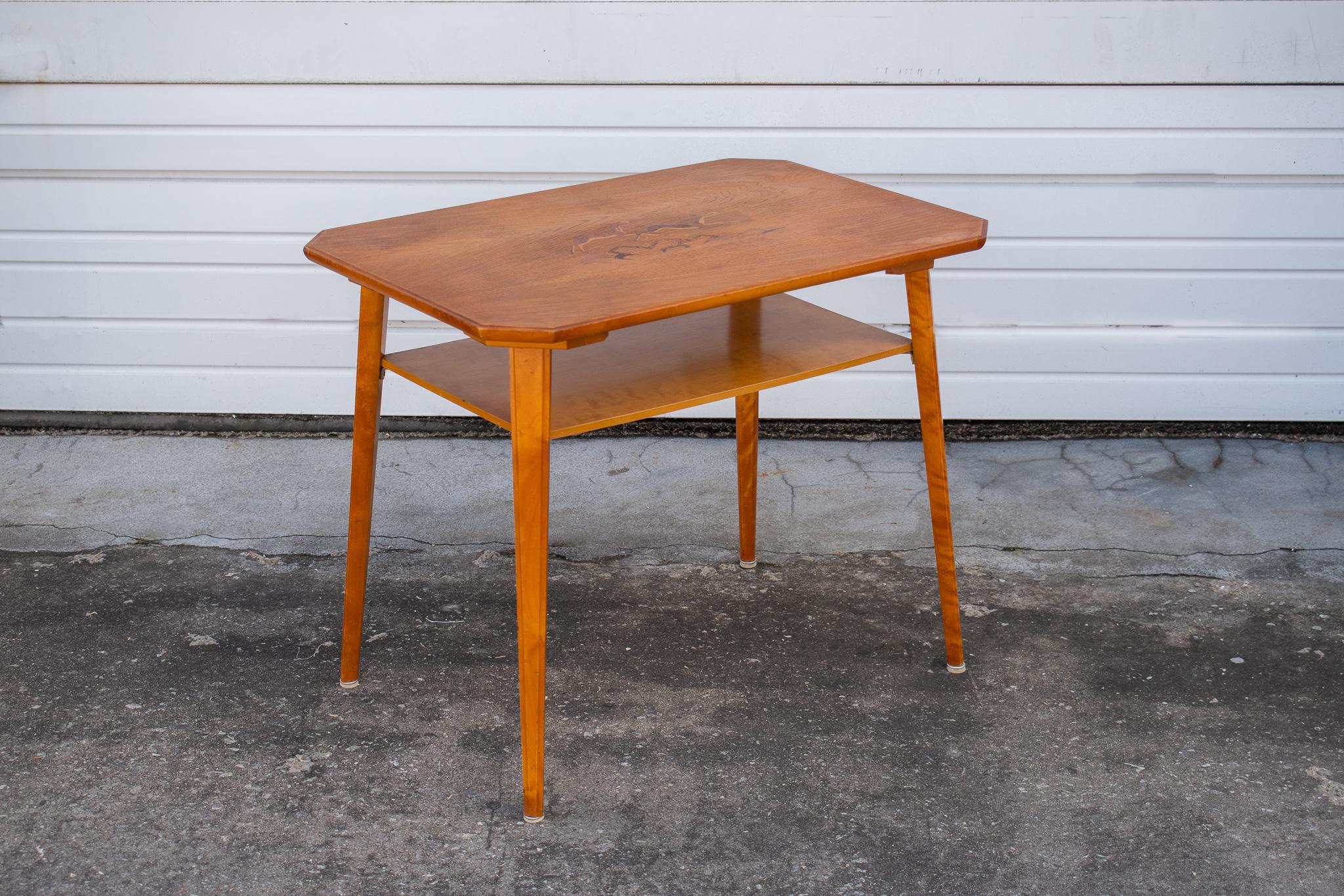 Mid-20th Century Swedish Elm Side Table With Rosewood, Jacaranda, and Mahogany Intarsia Inlay For Sale