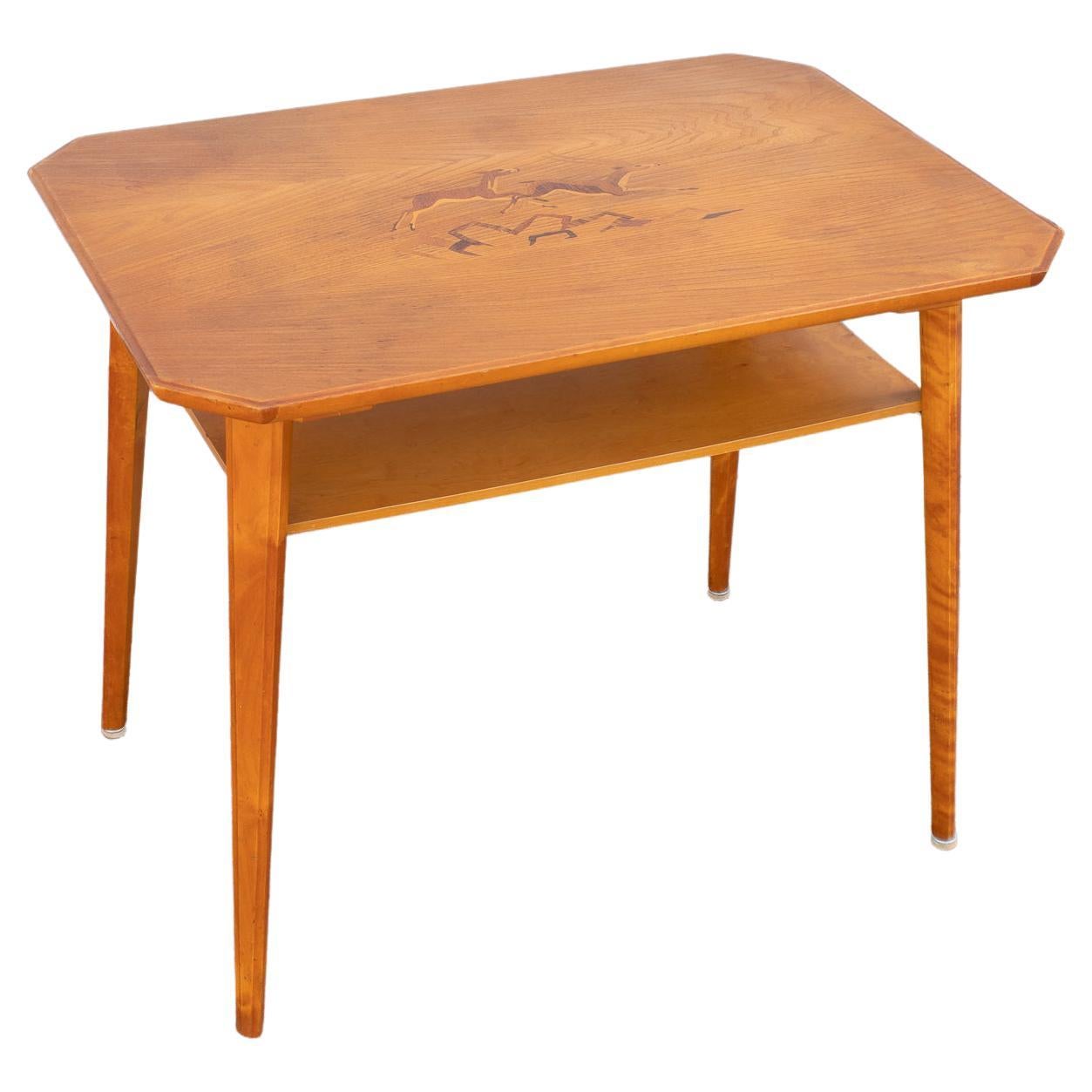 Swedish Elm Side Table With Rosewood, Jacaranda, and Mahogany Intarsia Inlay For Sale