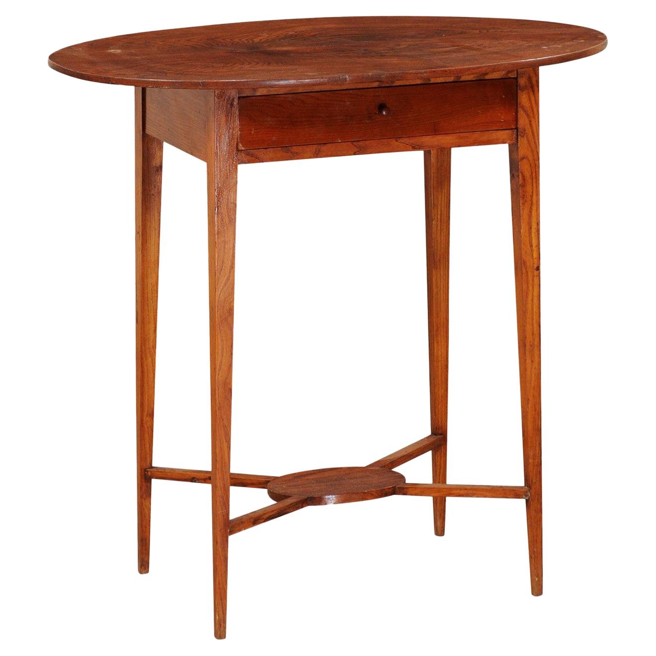 Swedish Elm Wood Table with Oval-Shaped Wide Top and Single Drawer